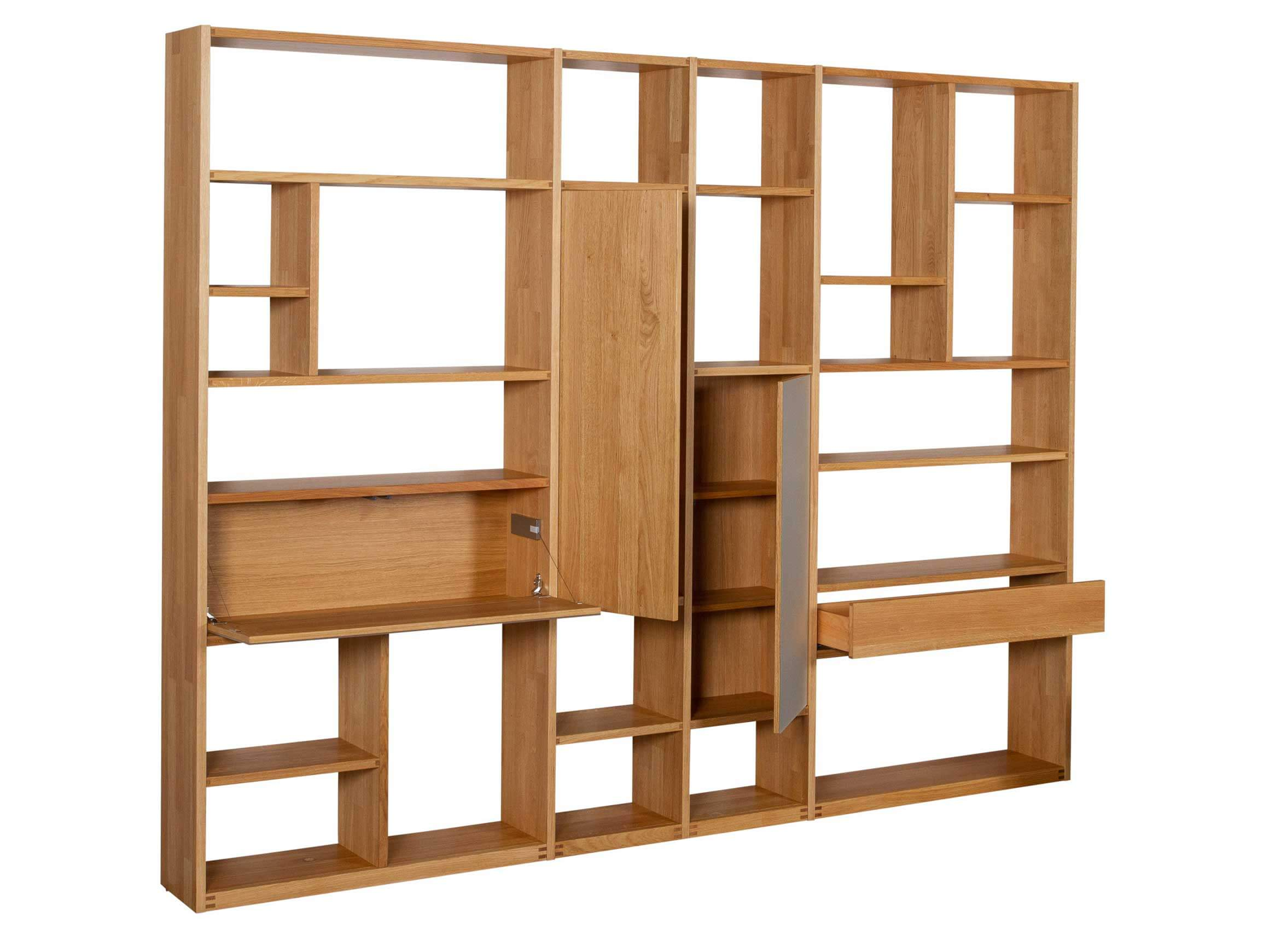 Cubus shelf, w 282.5 cm d 28.4 cm h 219.8 cm, oak, glass elements