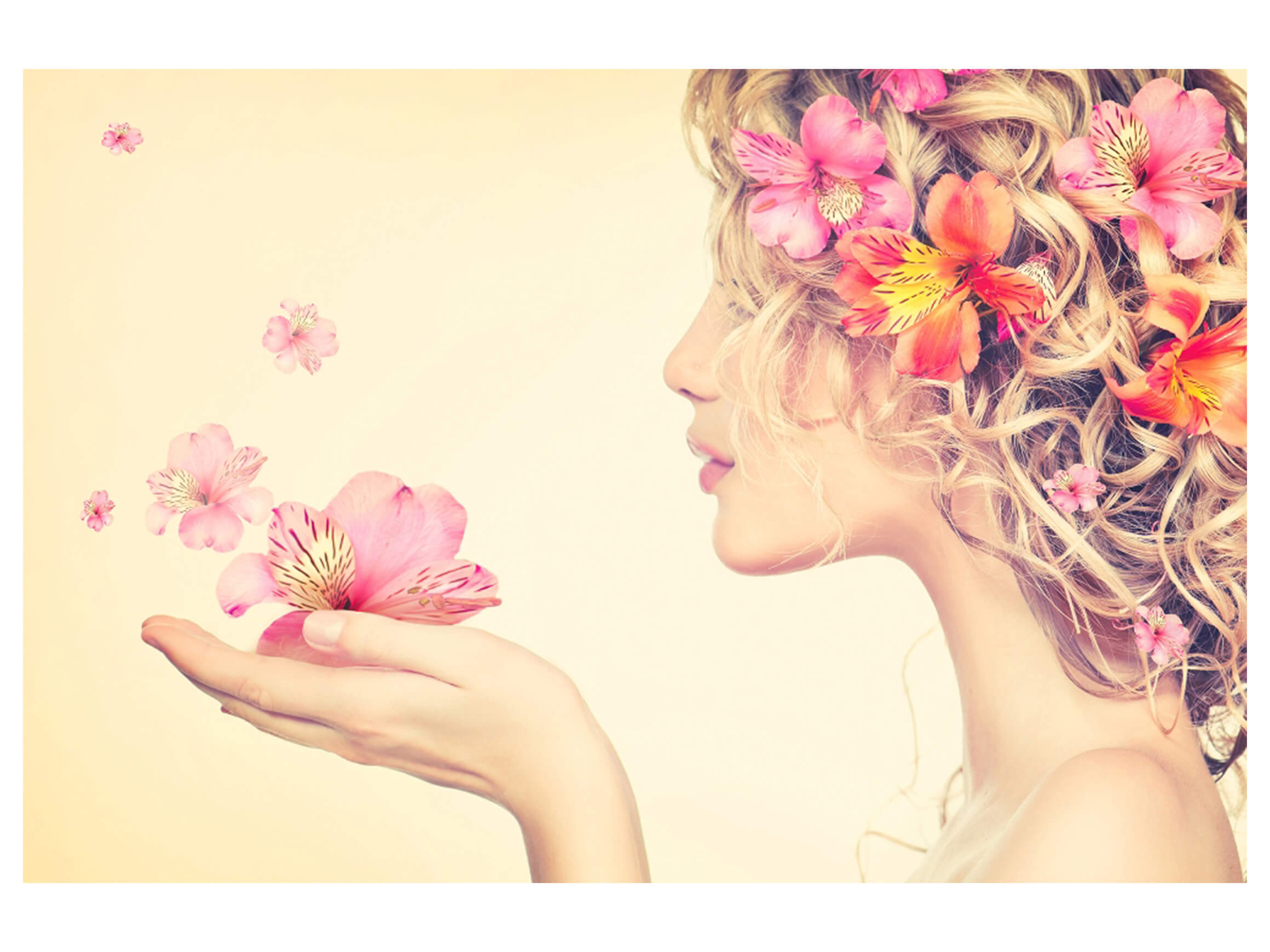 Digitaldruck auf Acrylglas Schönheit mit Blumen image LAND / Grösse: 120 x 80 cm