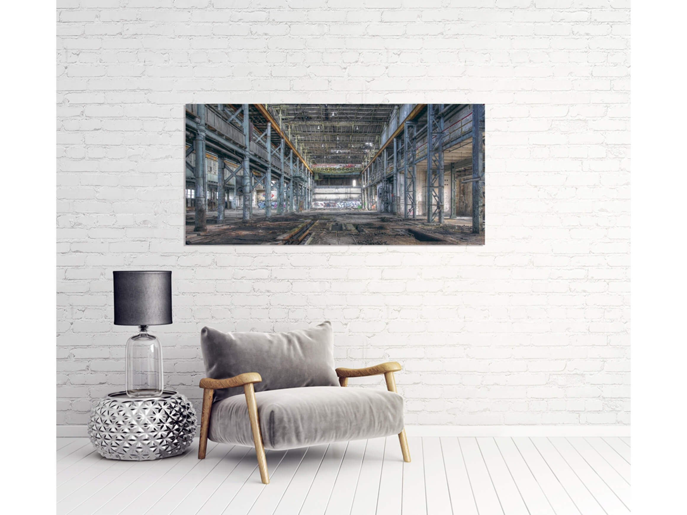 Digitaldruck auf Acrylglas Werkshalle 3 image LAND / Grösse: 140 x 66 cm