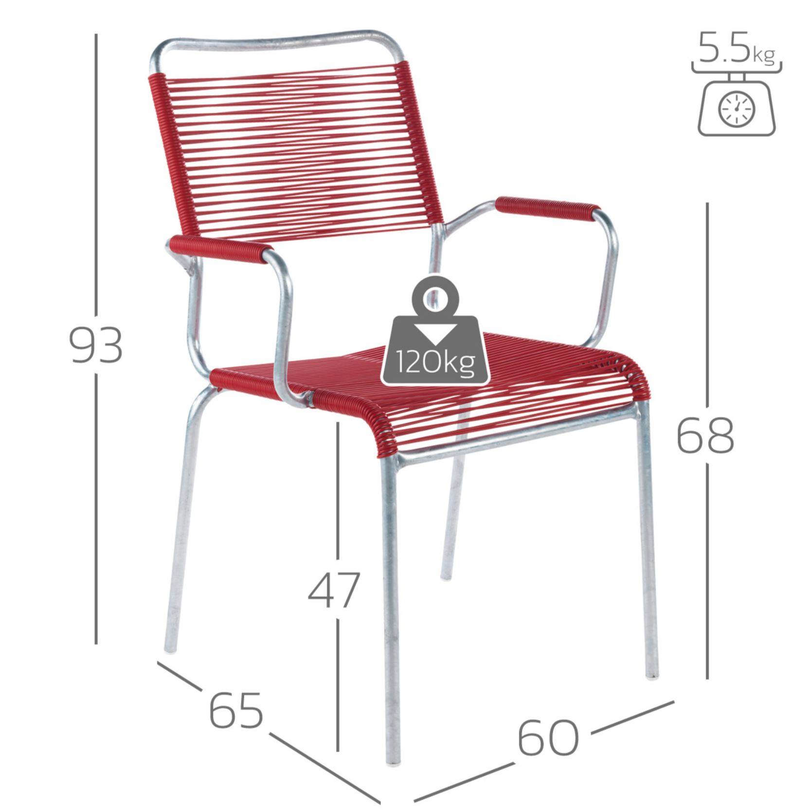 Spaghetti-Stuhl Rigi mit Armlehnen Feuerverzinkt von Schaffner / Farbe: Rot / Grösse: 60 x 65 cm