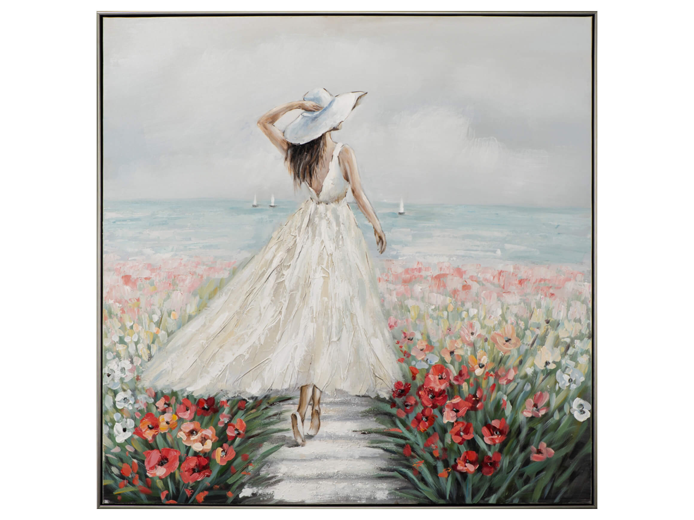 Bild mit Rahmen Frau in Blumenmeer im Weissen Kleid image LAND