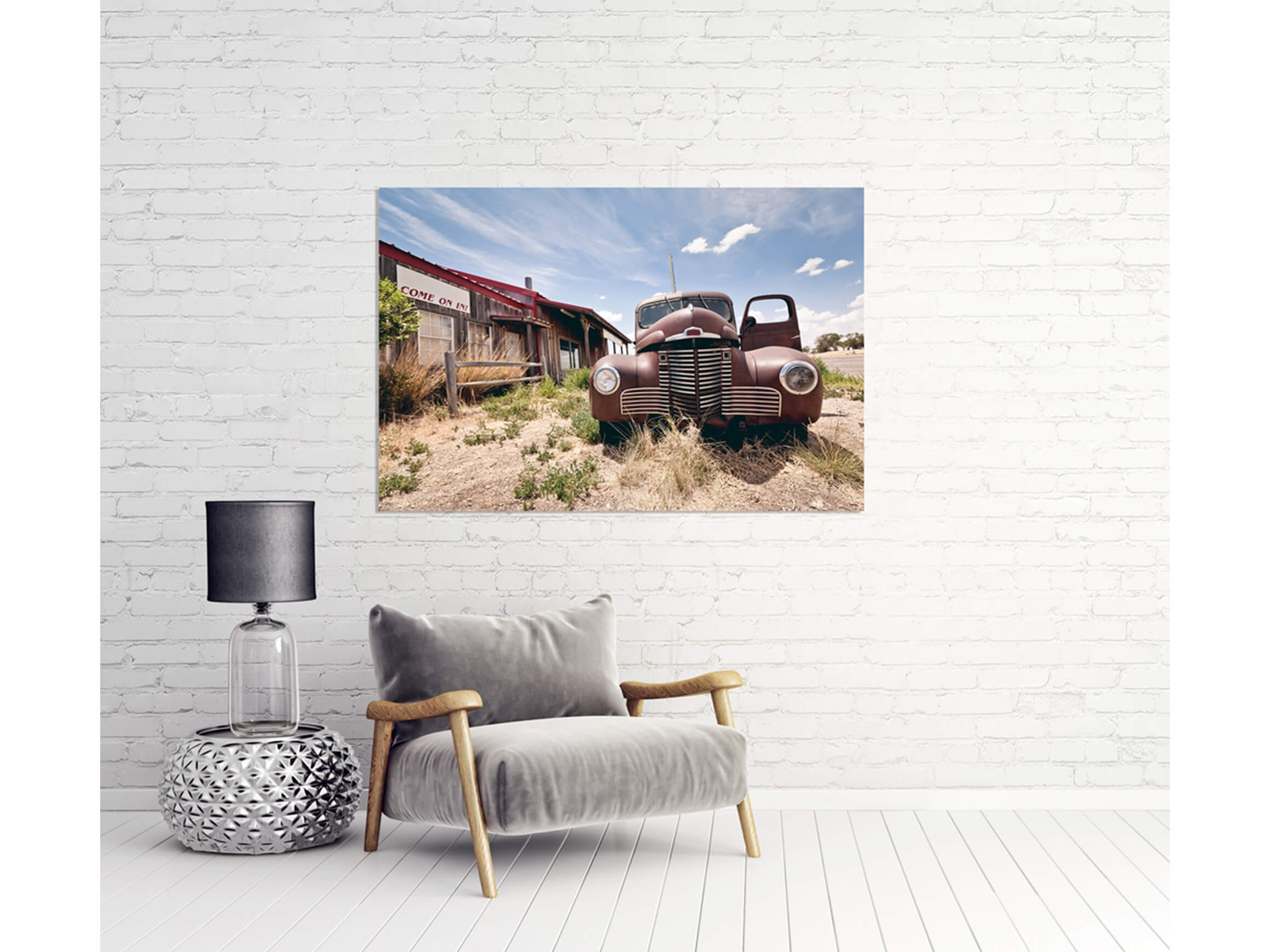 Digitaldruck auf Acrylglas Oldtimer in Der Wüste image LAND / Grösse: 120 x 80 cm