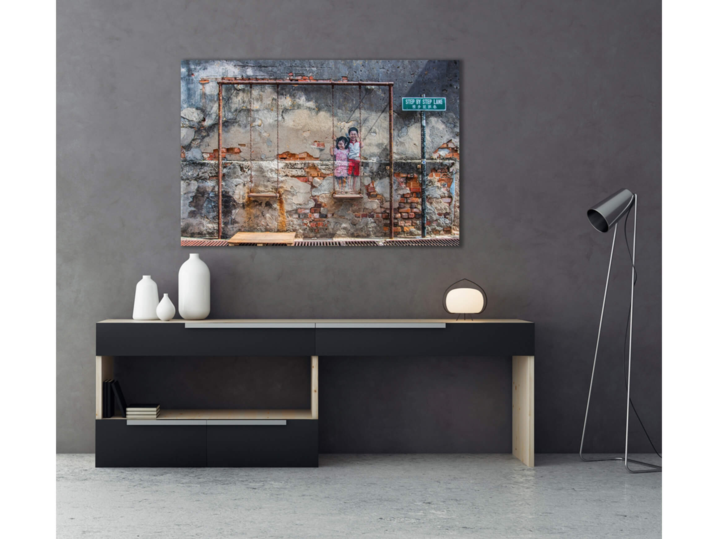 Digitaldruck auf Acrylglas Street Art mit Schaukel image LAND / Grösse: 120 x 80 cm