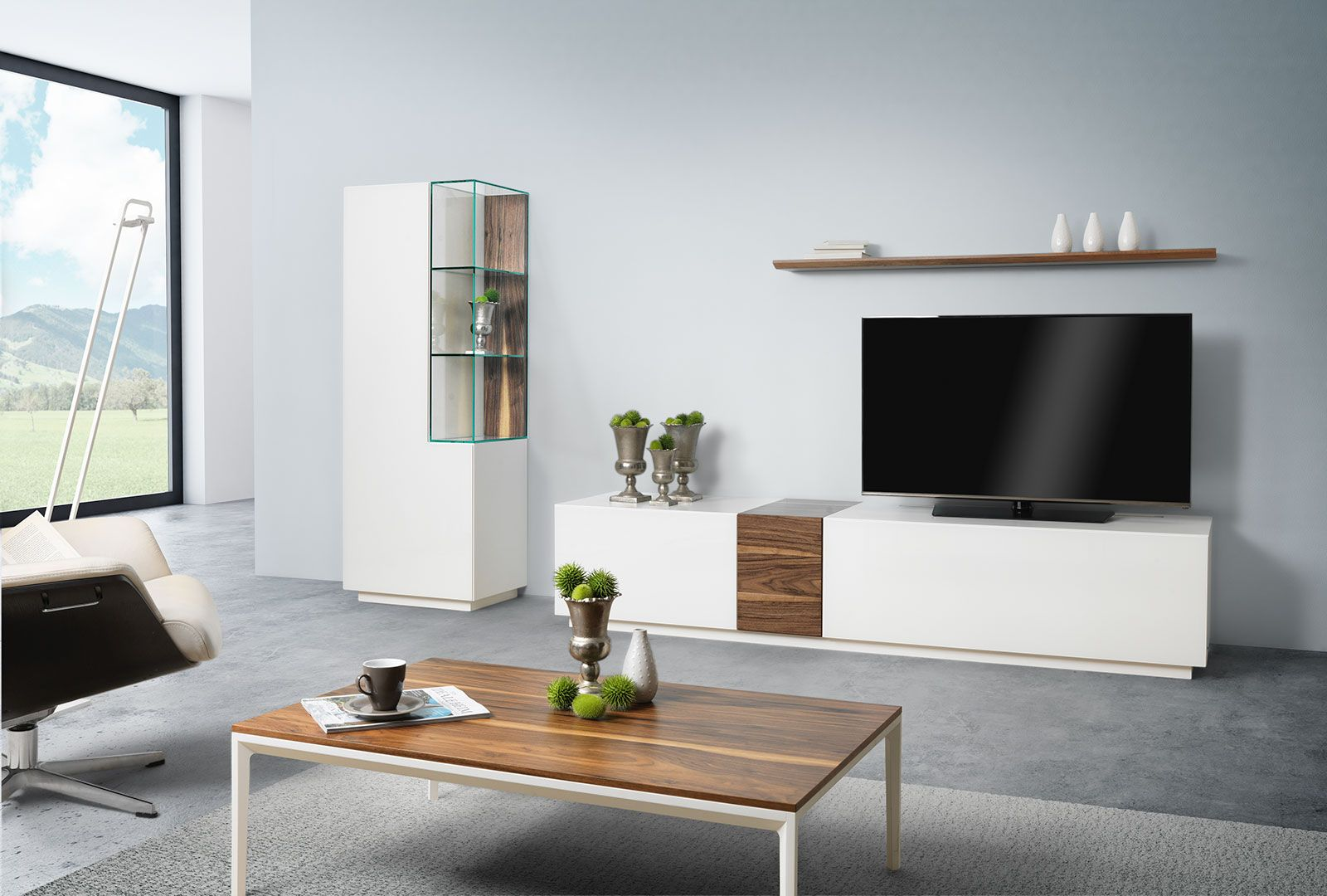 Vitrine Sona, Mdf Reinweiss, Stone Eiche, b 60 cm t 42 cm h 170 cm