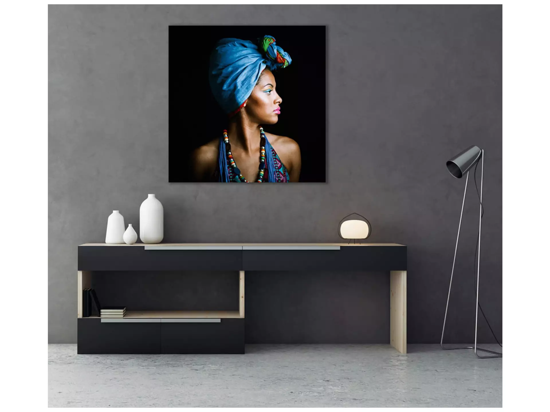 Digitaldruck auf Acrylglas Schönheit mit Blauem Turban image LAND / Grösse: 95 x 95 cm