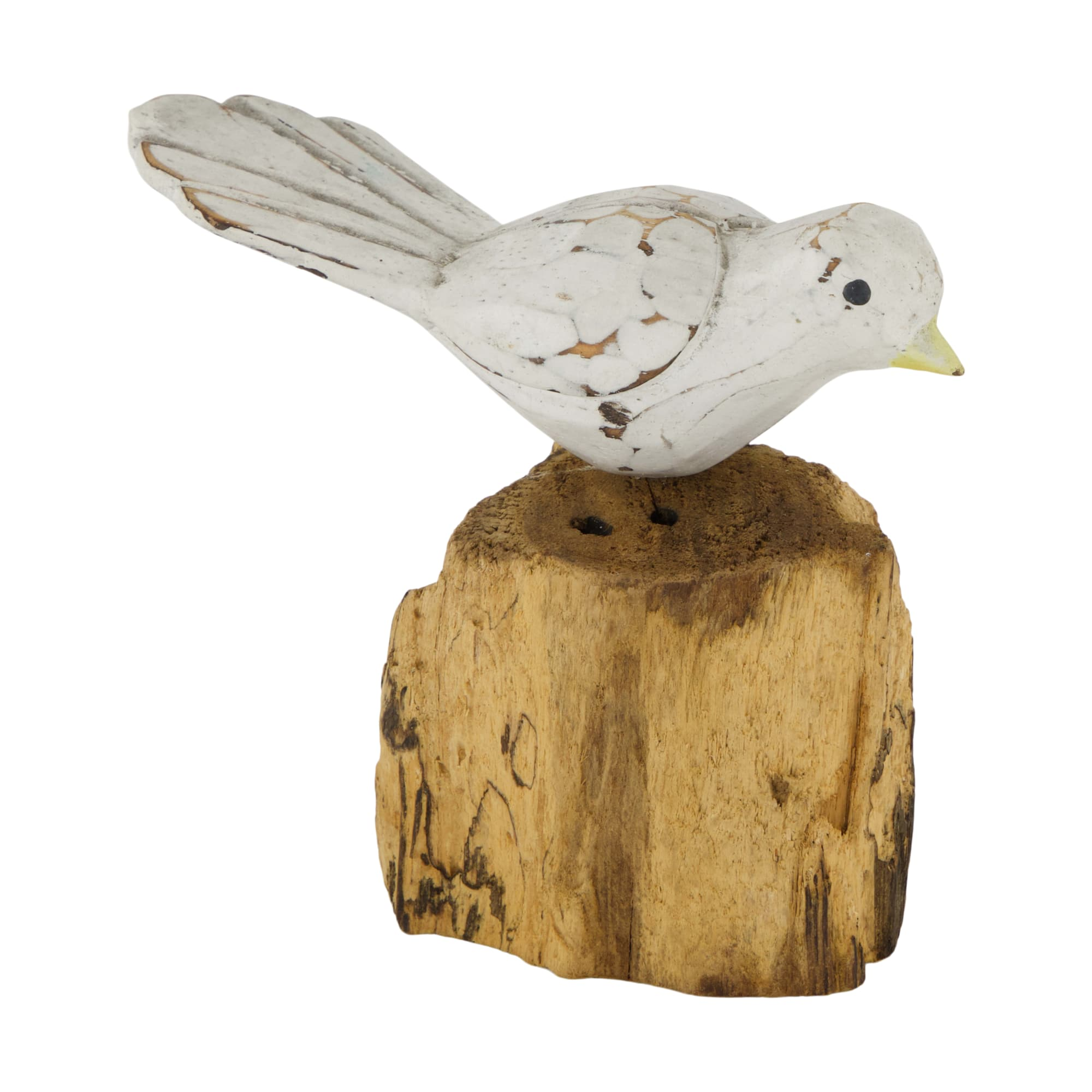 Oiseau sur racine Blanc H : 12 cm