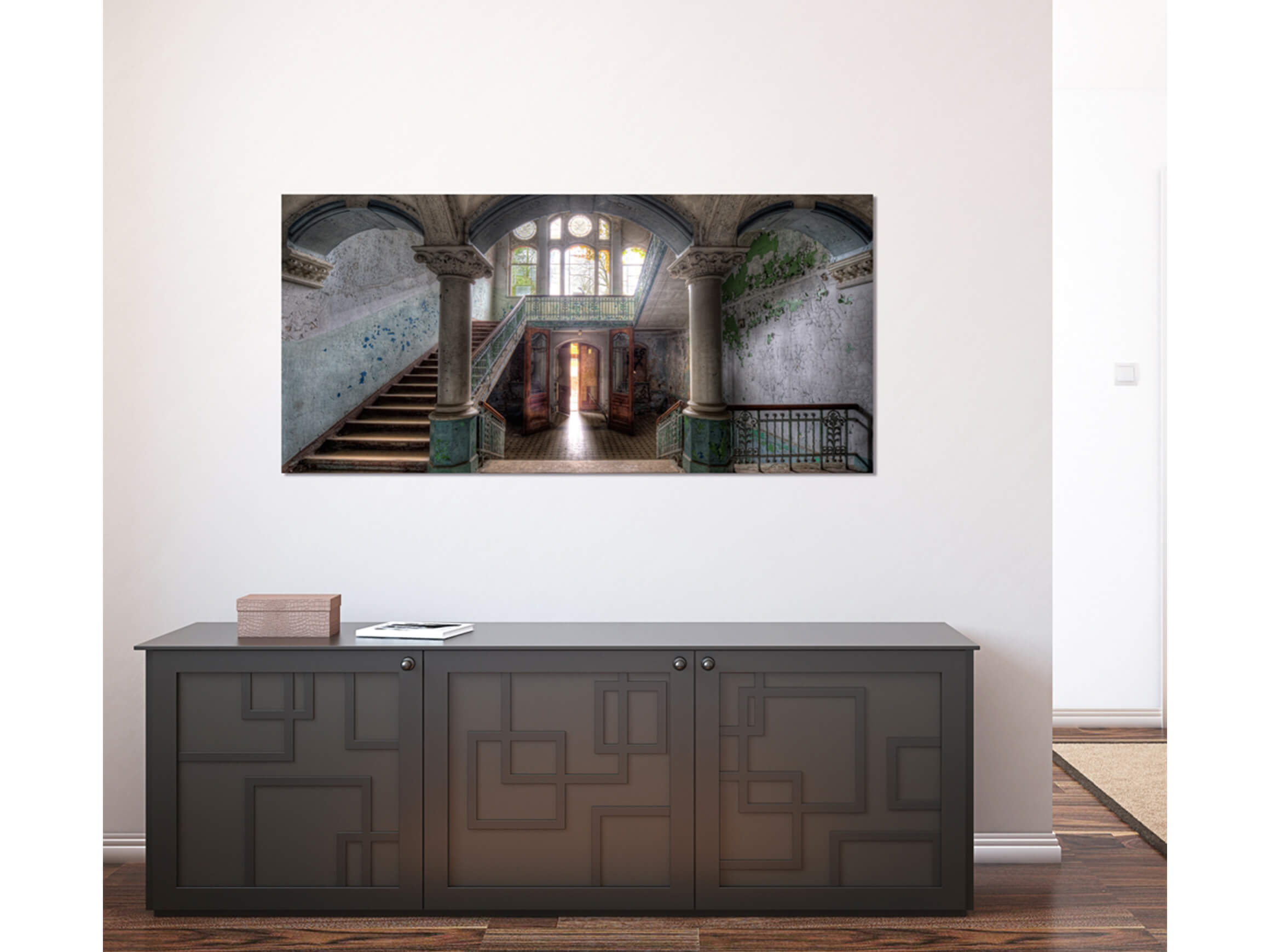 Digitaldruck auf Acrylglas Lost Place Treppenhaus 3 image LAND / Grösse: 150 x 100 cm