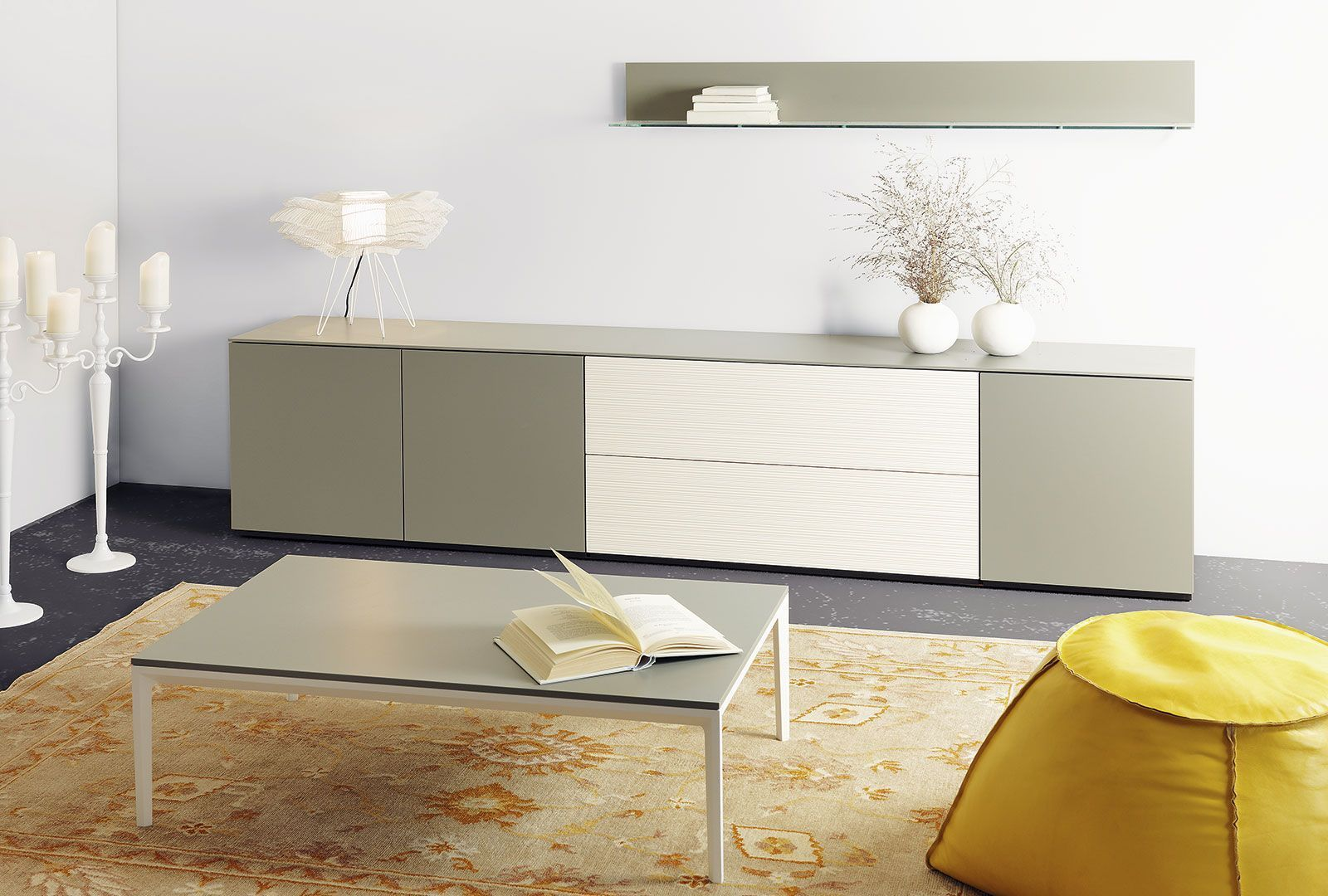Timber sideboard, white, walnut drawer, w 250 cm d 42 cm h 56 cm