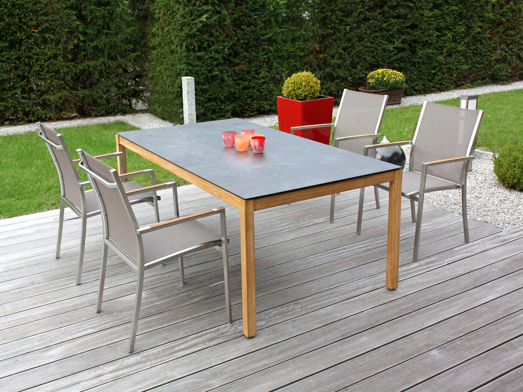 Gartenstuhl One, Taupe, Edelstahl, Teak, Stapelbar, b