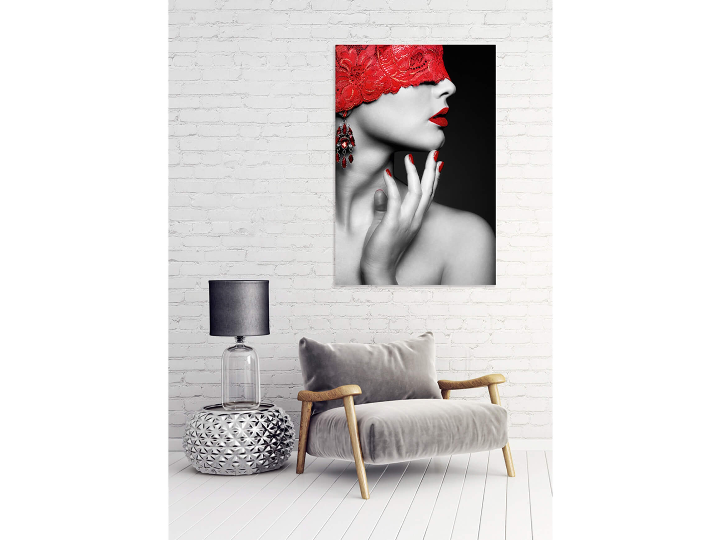 Digitaldruck auf Glas Frau mit Roter Ajour Mütze image LAND