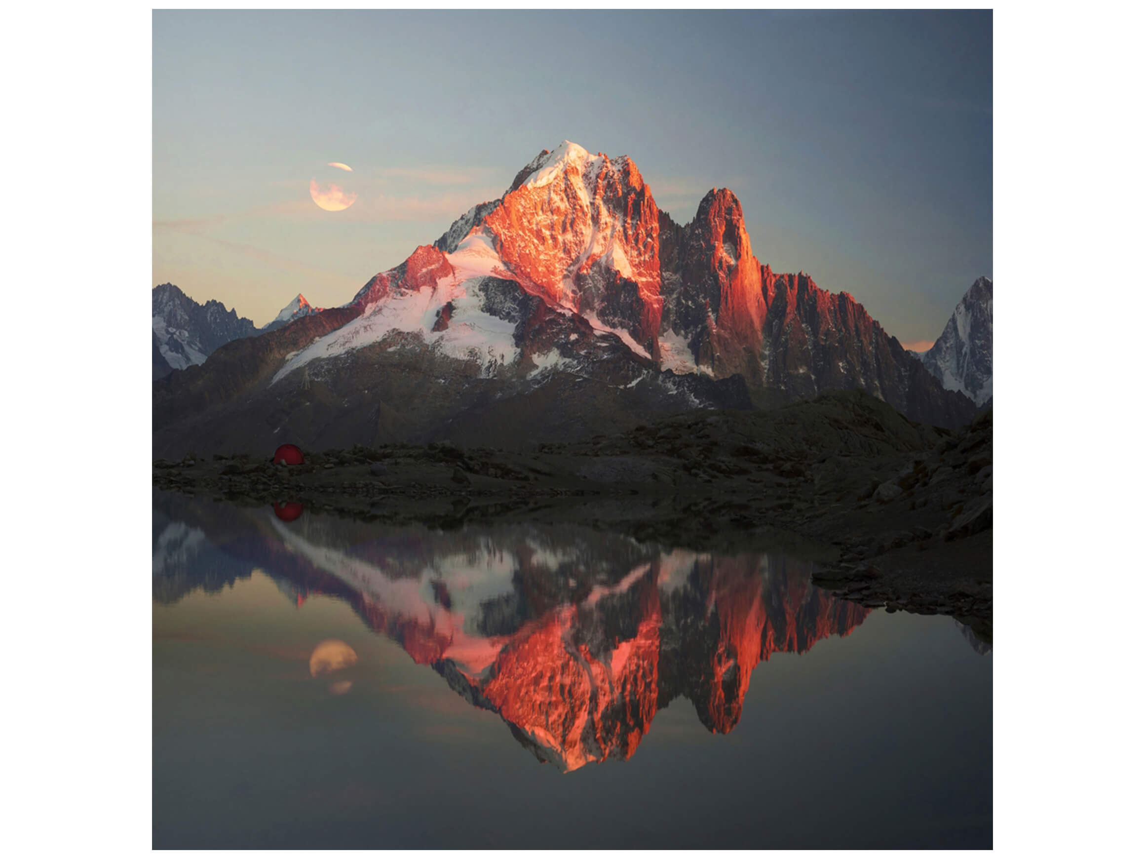 Digitaldruck auf Glas Bergpanorama mit See in Abendstimmung image LAND