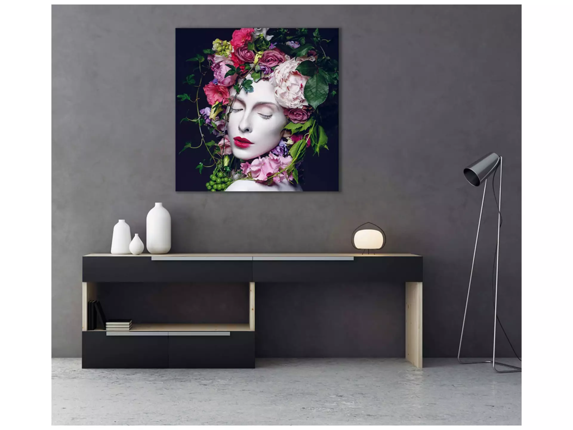 Digitaldruck auf Acrylglas Hübsche Frau mit Blumen image LAND / Grösse: 95 x 95 cm