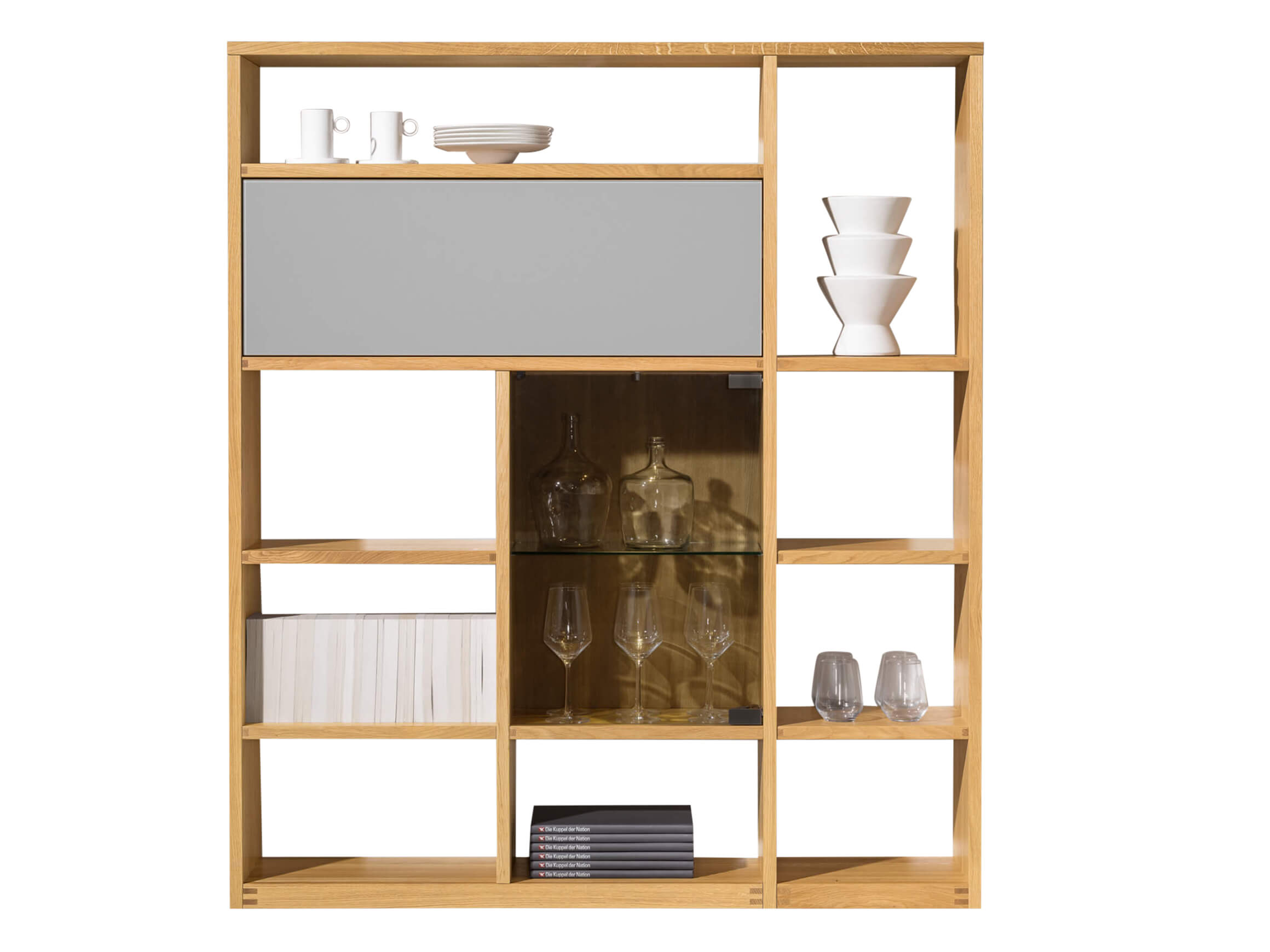 Étagère Cubus, l 137.5 x p 28.7 x h 157.8, chêne, éléments en verre