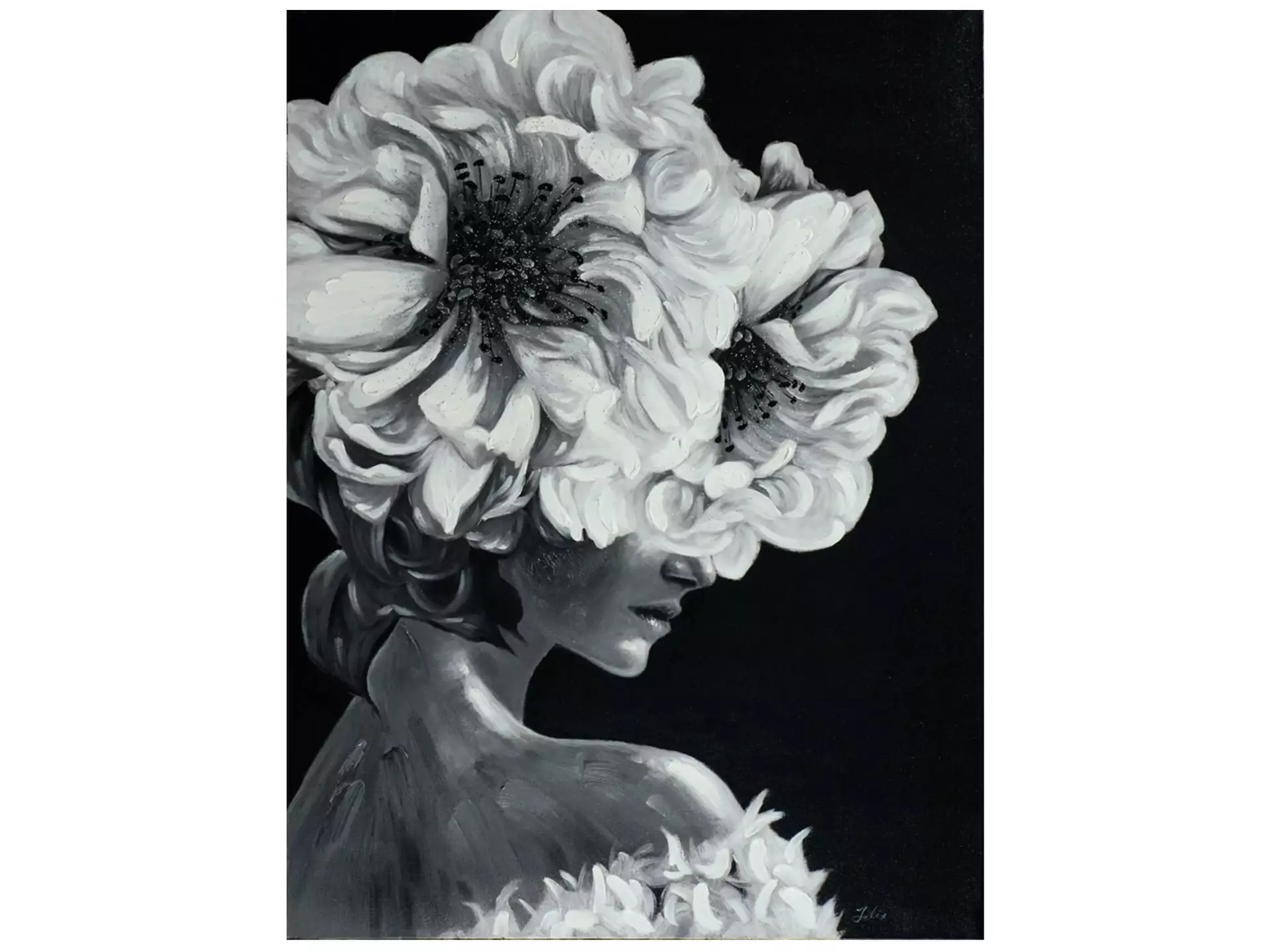 Bild Lady mit Blumenperücke in Schwarz-Weiss image LAND
