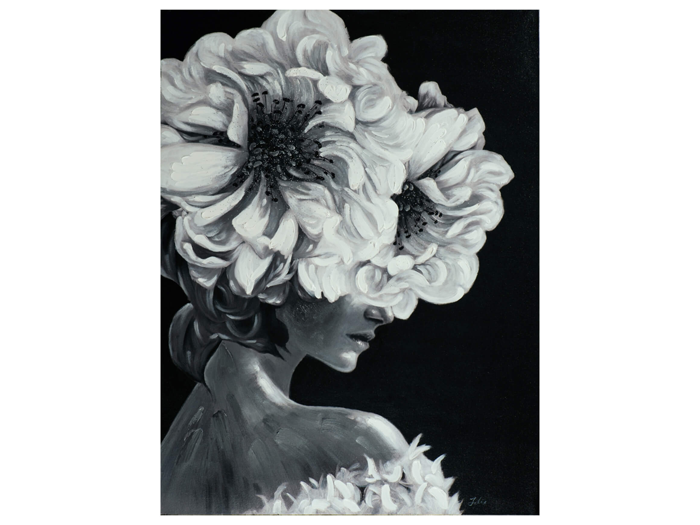 Bild Lady mit Blumenperücke in Schwarz-Weiss image LAND