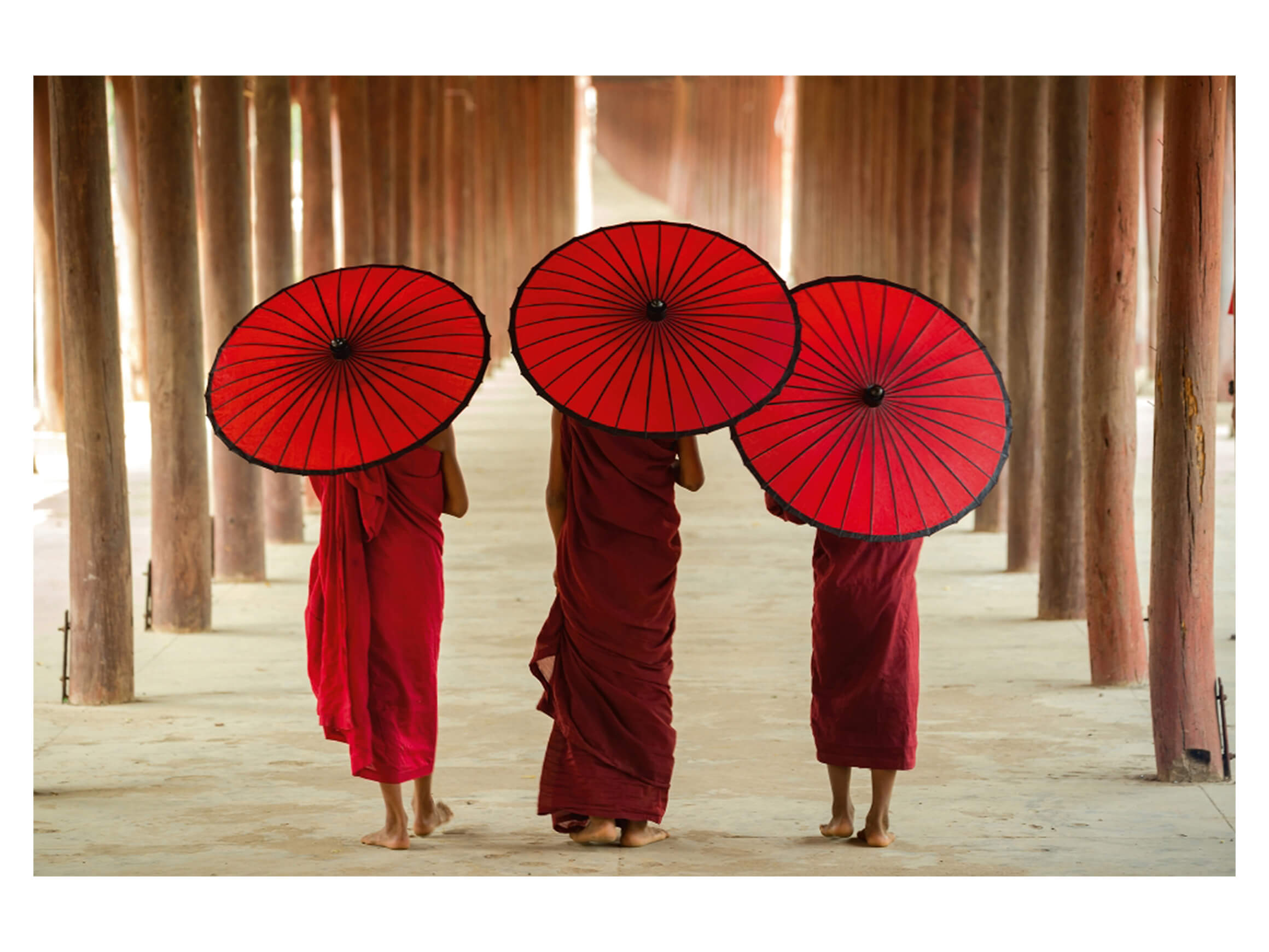 Digitaldruck auf Acrylglas Mönche mit Schirmen image LAND / Grösse: 120 x 80 cm