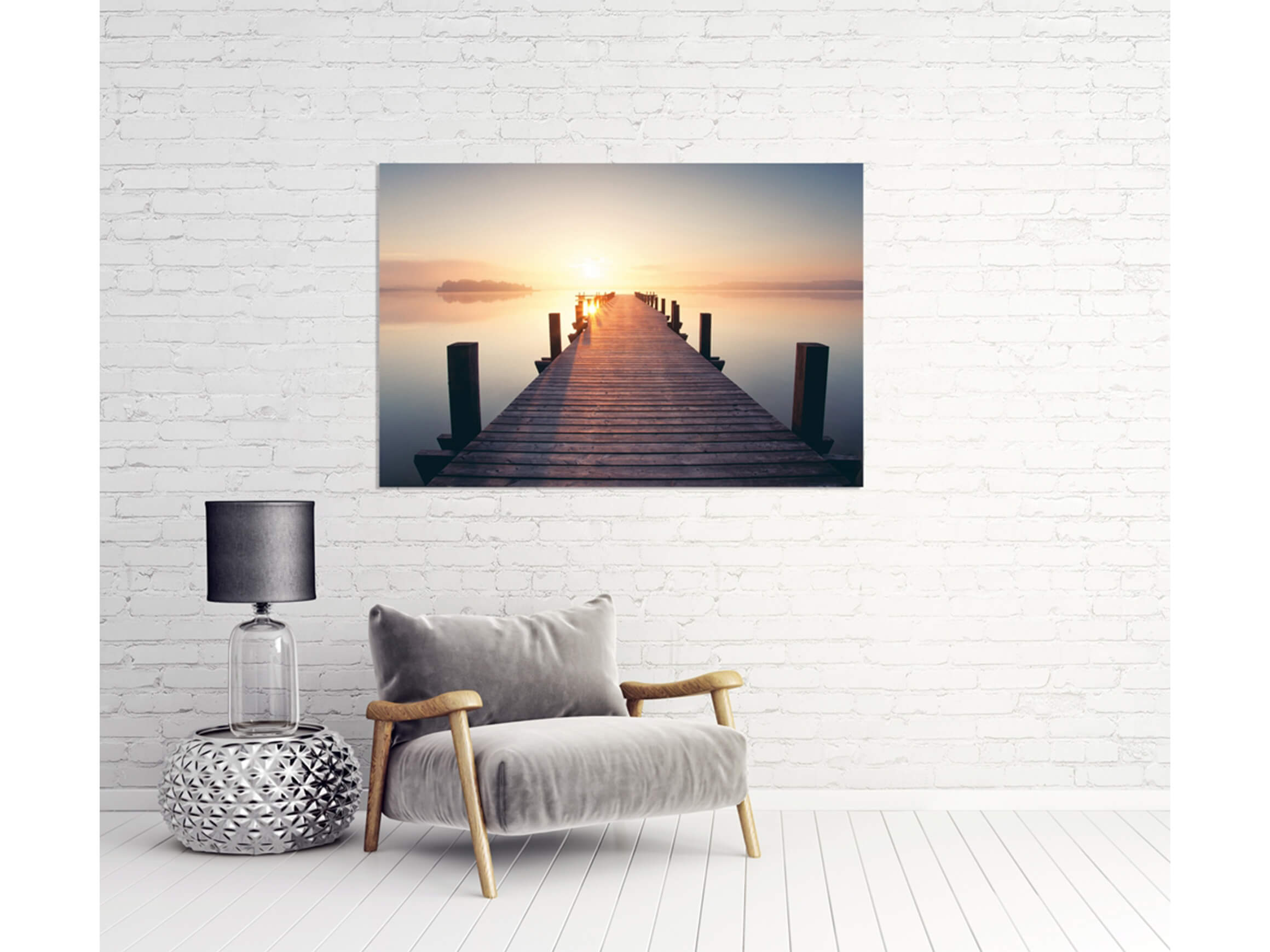 Digitaldruck auf Acrylglas Holzsteg in Den Sonnenuntergang image LAND / Grösse: 120 x 80 cm