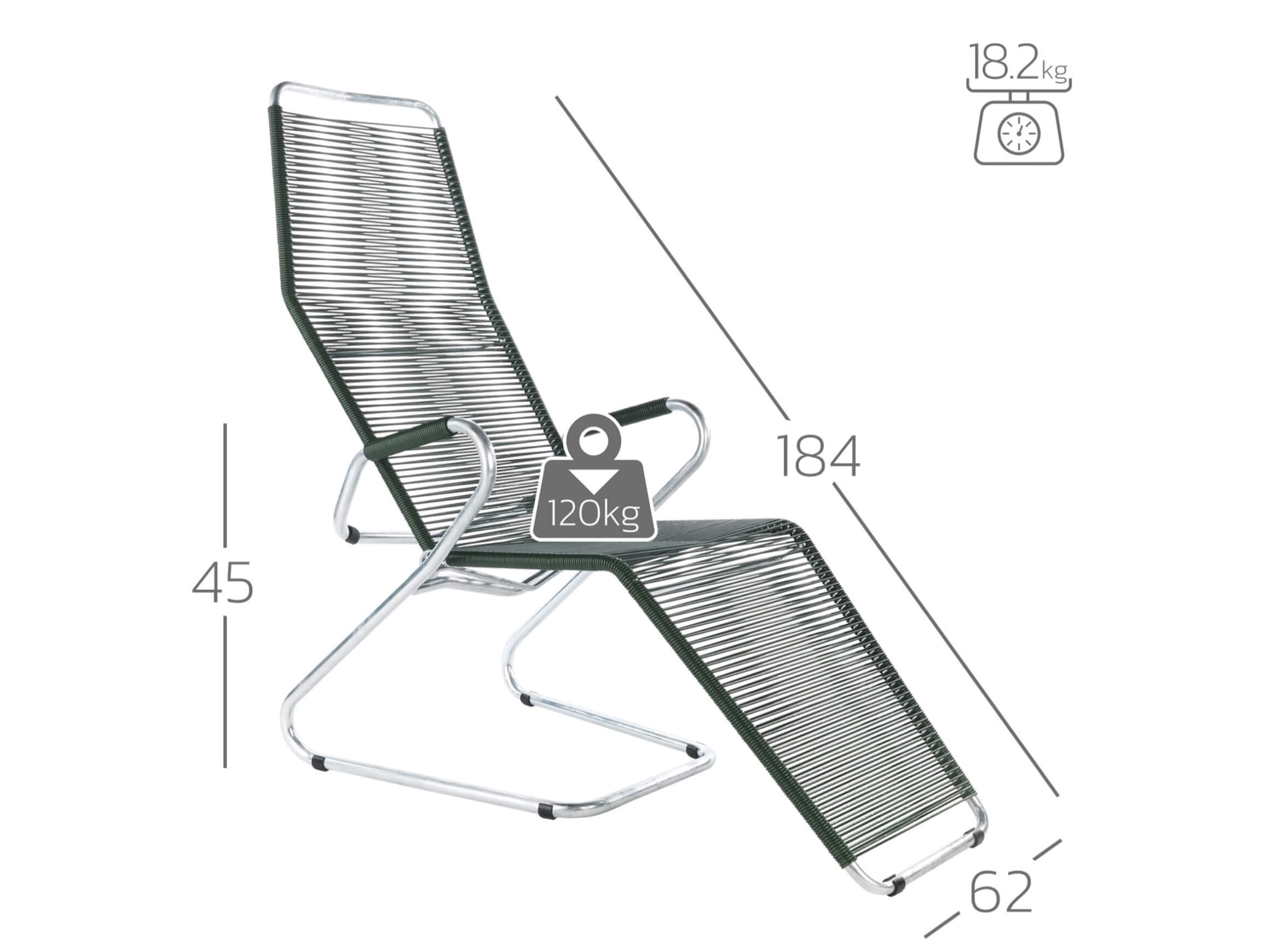 Chaise longue spaghetti Locarno de Schaffner / Couleur : vert clair / Dimensions : 61 x 137 cm