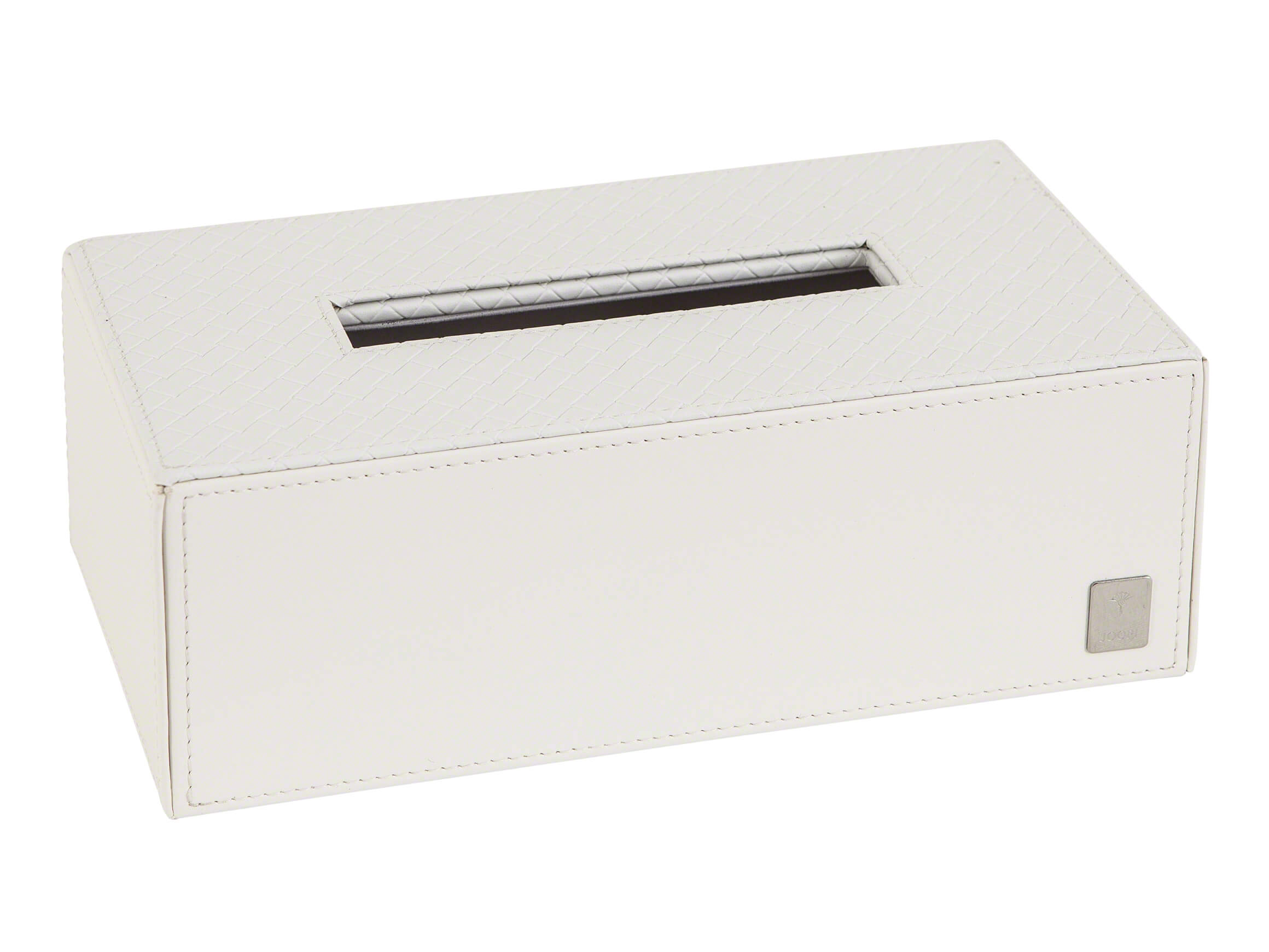 Paper tissue box, white, top side embossed braided pattern, height 8 cm