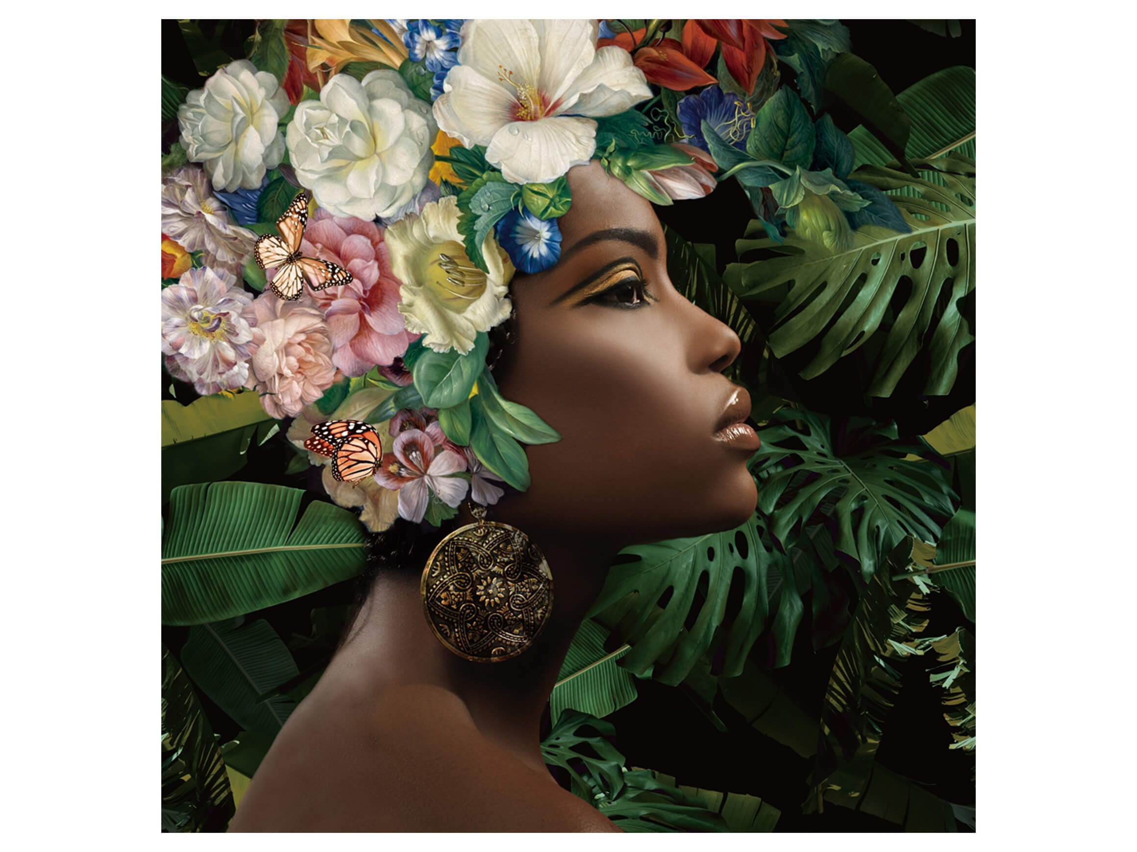 Digitaldruck auf Glas Schwarze Schönheit mit Blumenperücke i image LAND