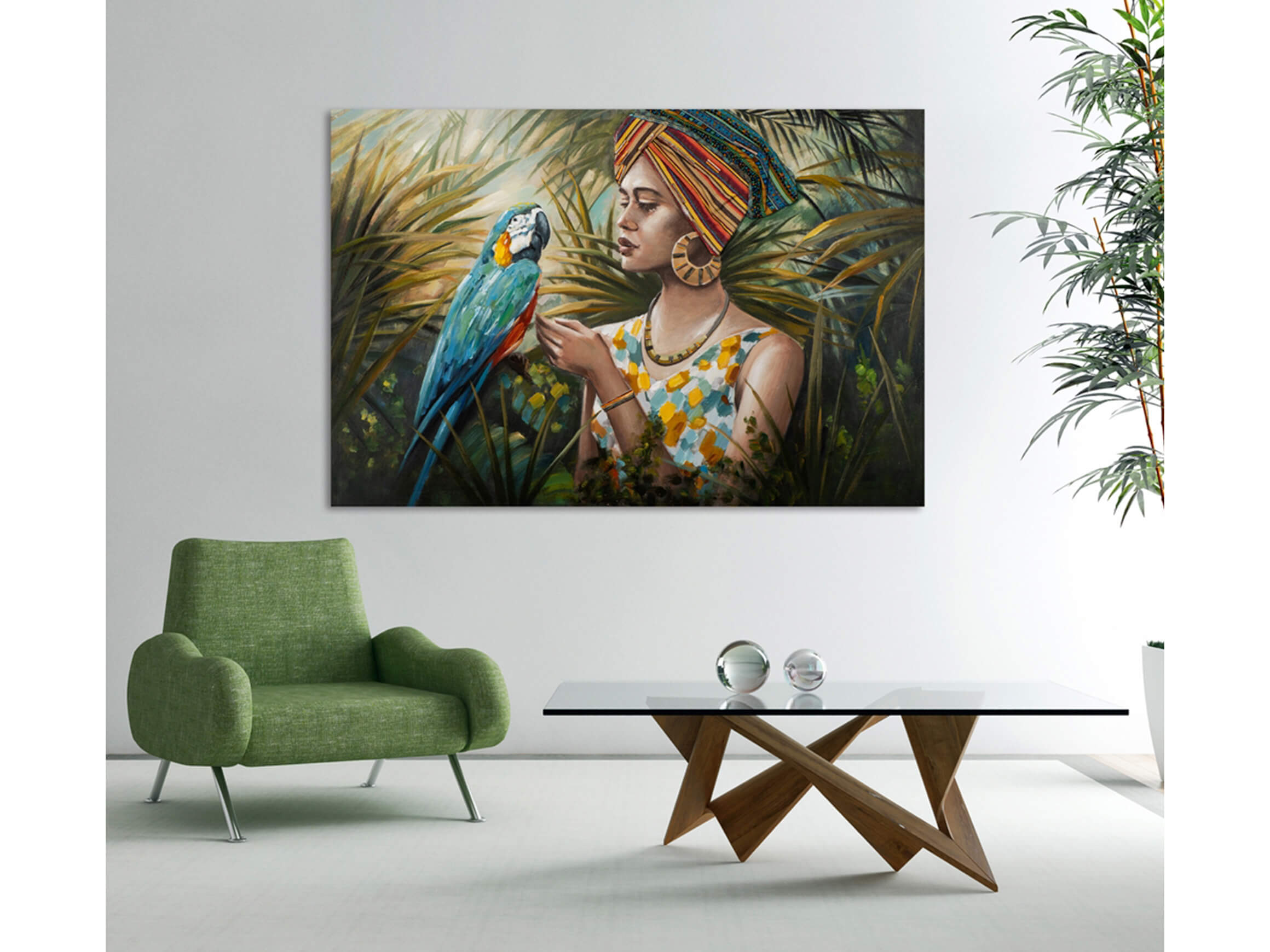 Bild Frau im Dschungel mit Blau-Buntem Papagei image LAND