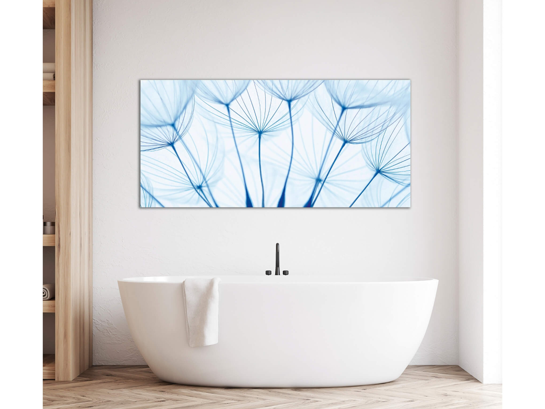 Digitaldruck auf Acrylglas Pusteblumen in Blau image LAND / Grösse: 140 x 66 cm