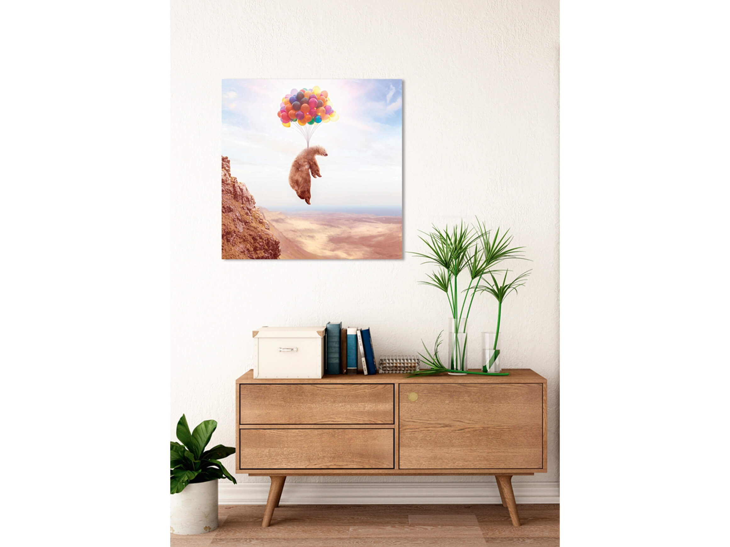 Digitaldruck auf Acrylglas Fliegender Bär an Luftballons image LAND / Grösse: 95 x 95 cm