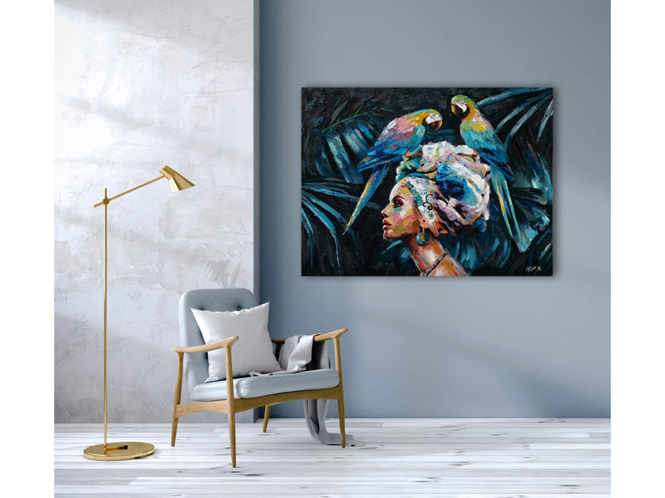 Bild Schönheit mit 2 Blauen Papageien image LAND