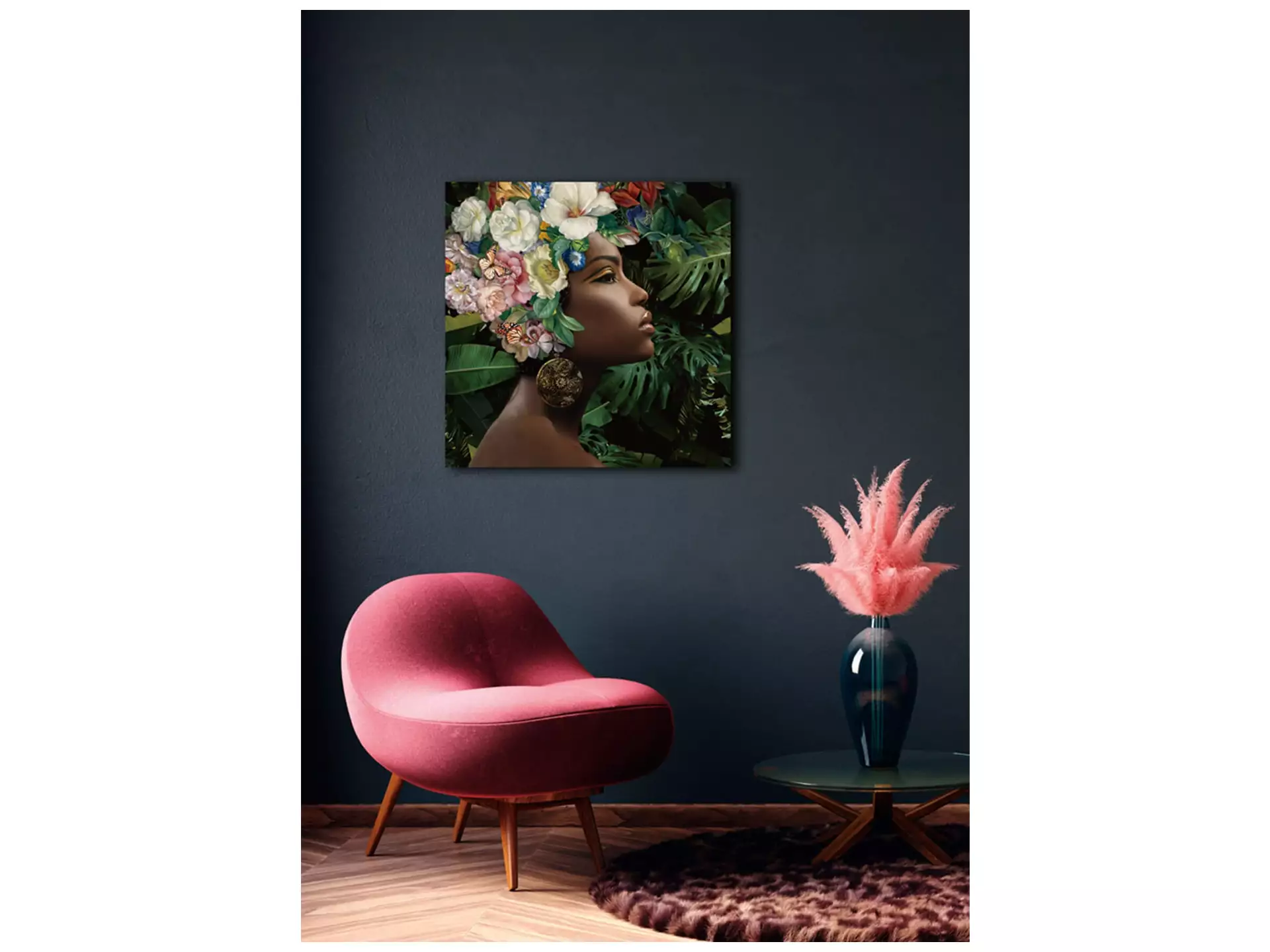 Digitaldruck auf Glas Schwarze Schönheit mit Blumenperücke i image LAND
