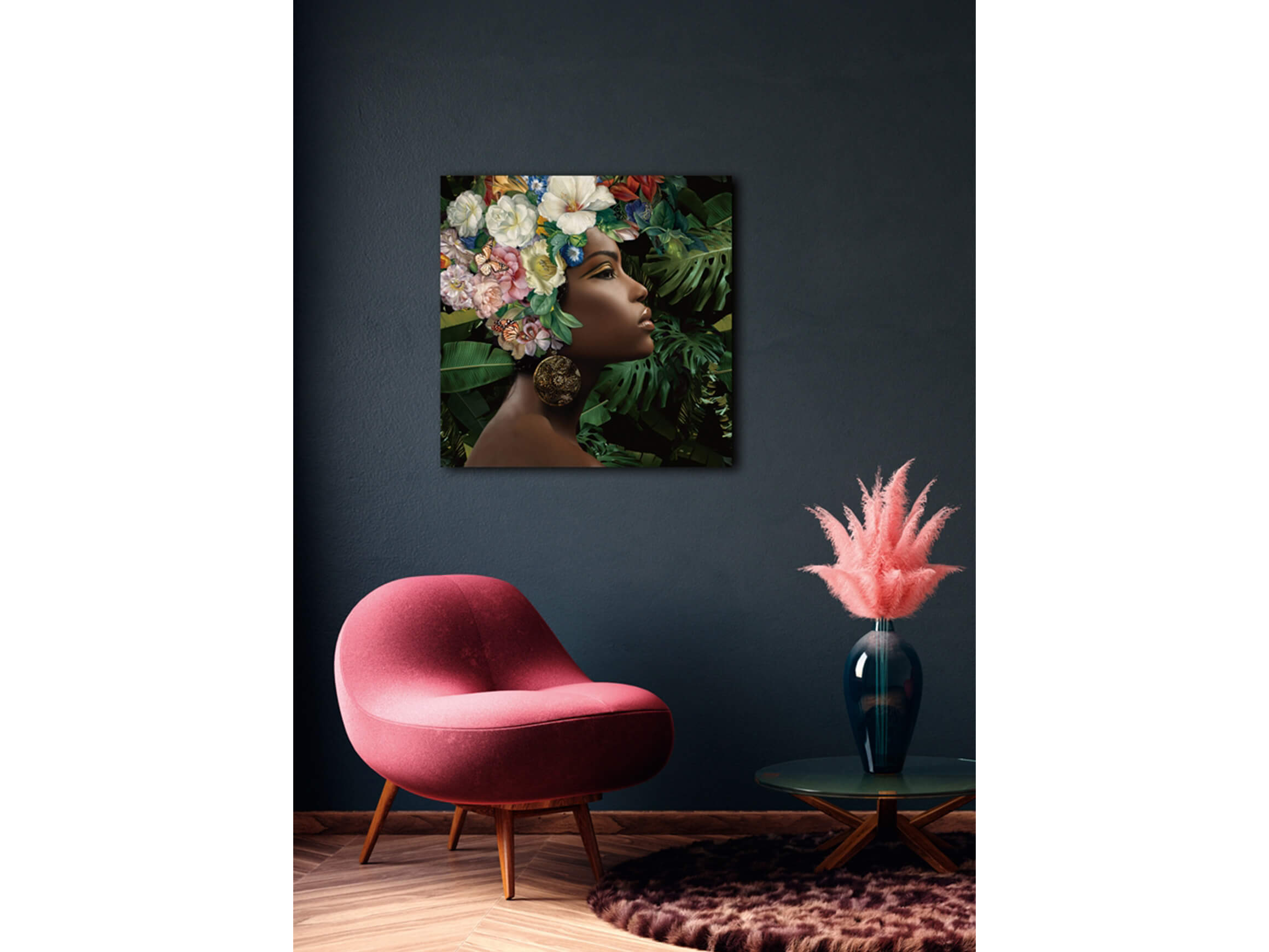 Digitaldruck auf Glas Schwarze Schönheit mit Blumenperücke i image LAND