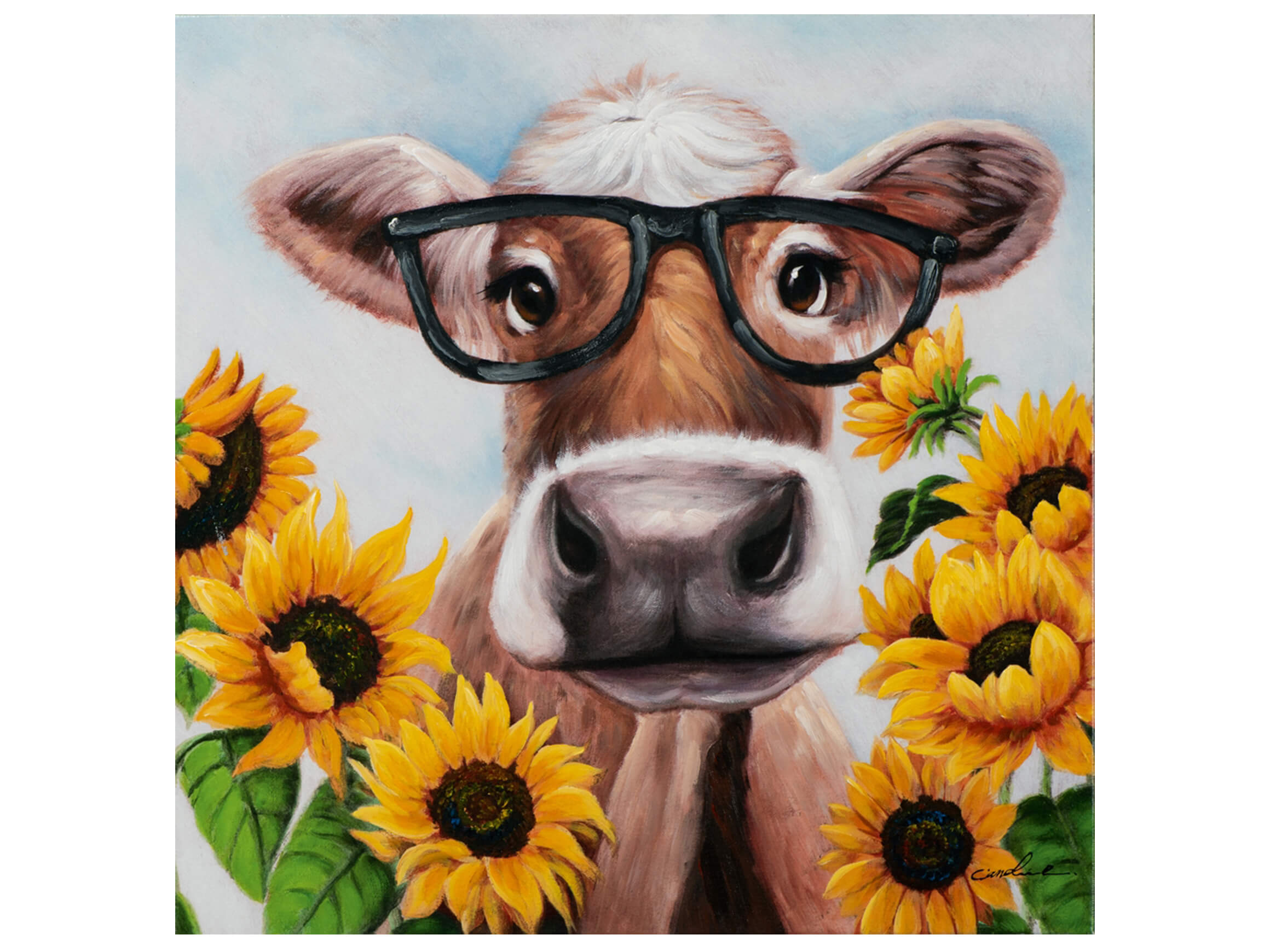 Bild Kuh mit Brille im Sonnenblumenfeld image LAND