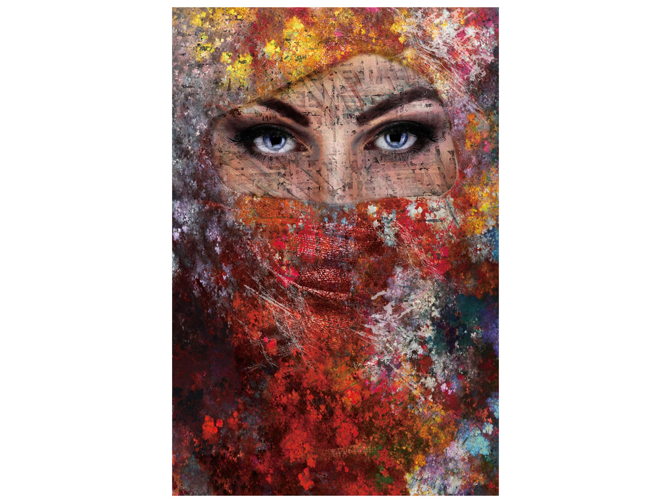 Digitaldruck auf Glas Junge Dame Hinter Buntem Schleier image LAND