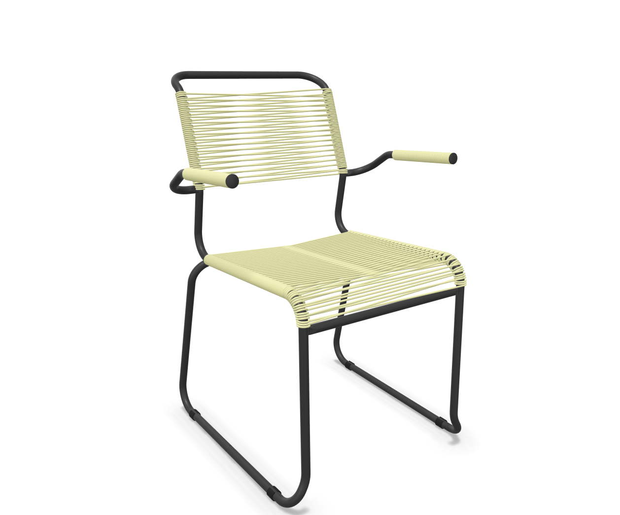 Kufen-Spaghetti-Stuhl Säntis mit Lehne von Schaffner / Farbe: Buchsbaumgelb / Grösse: 60 x 61 cm