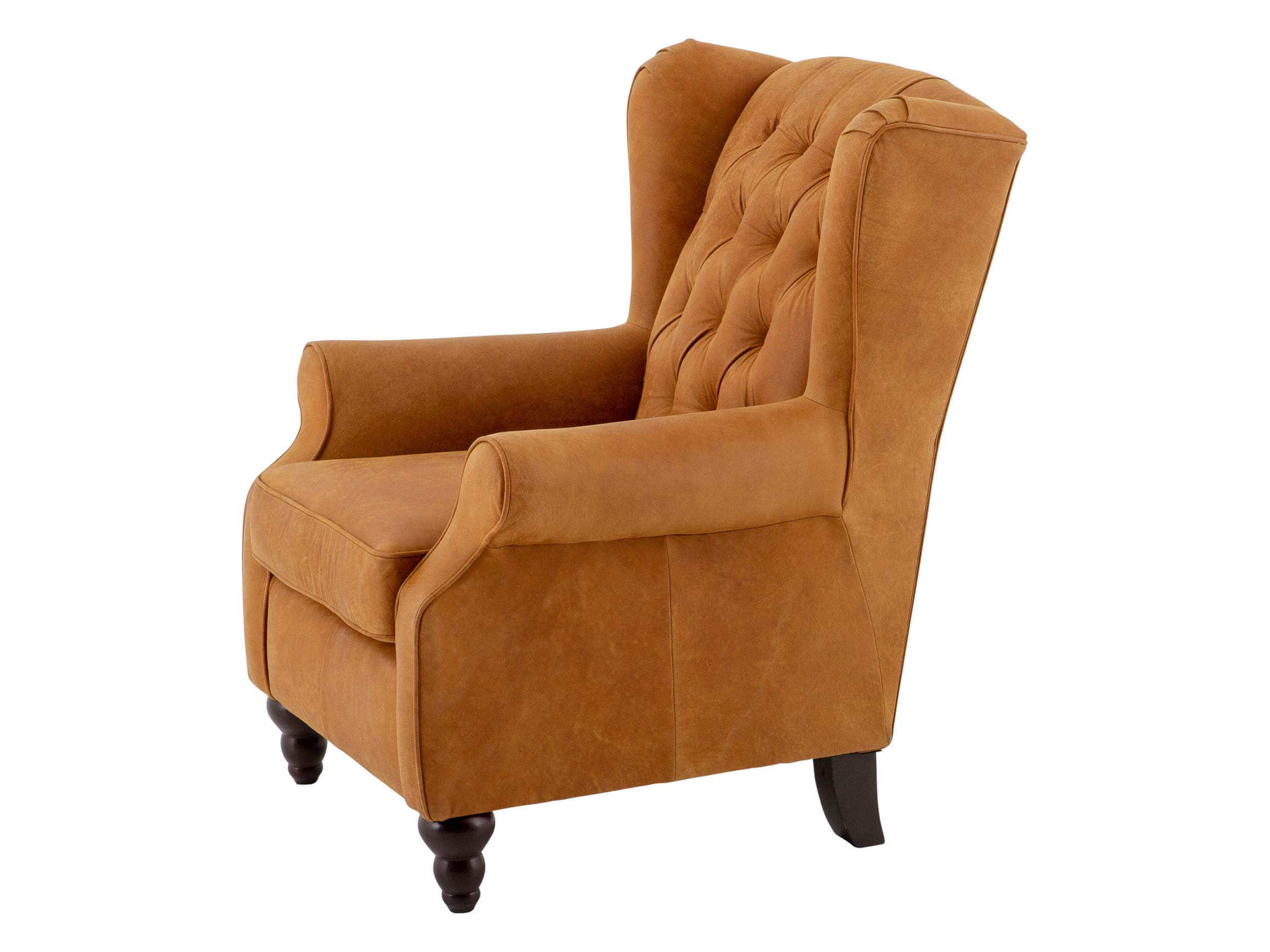 Fauteuil Alberta, cuir véritable, marron, pieds en bois noir,