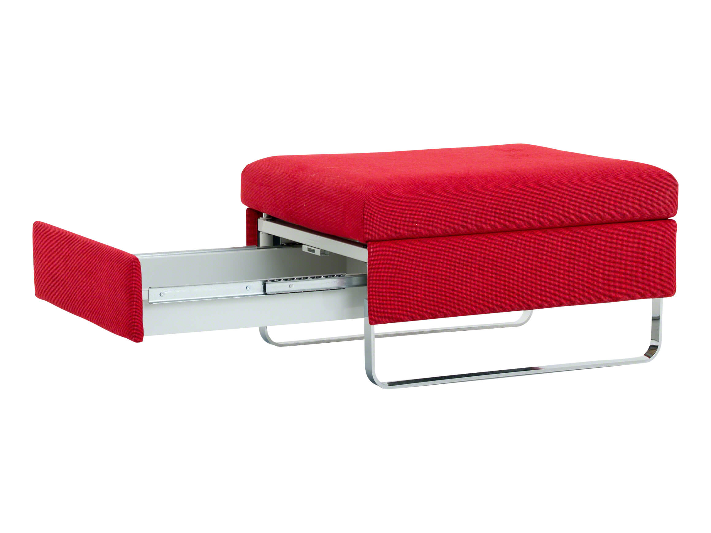 Hocker Bed For Living, Stoff Rot, Kufen Inox, b 70 cm t 80 cm h 45 cm