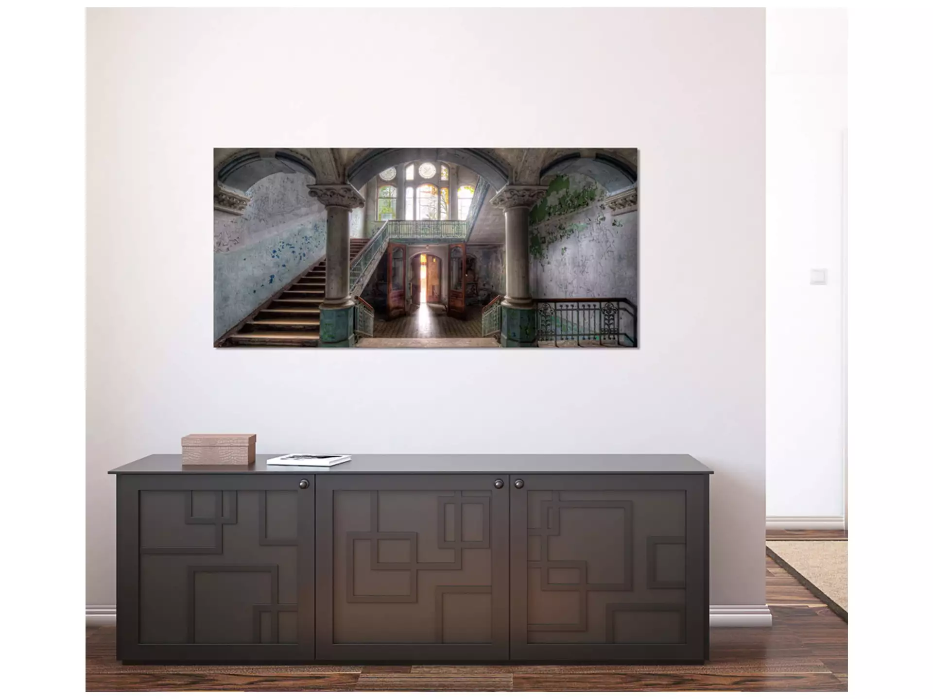 Digitaldruck auf Acrylglas Lost Place Treppenhaus 3 image LAND / Grösse: 140 x 66 cm