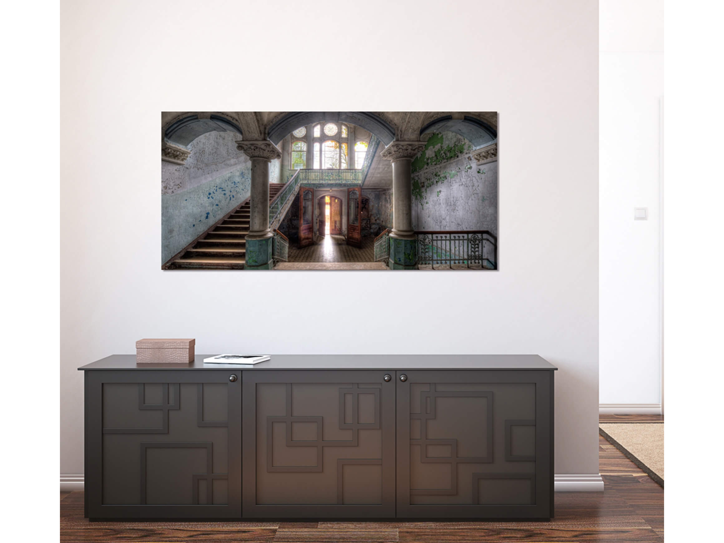 Digitaldruck auf Acrylglas Lost Place Treppenhaus 3 image LAND / Grösse: 140 x 66 cm