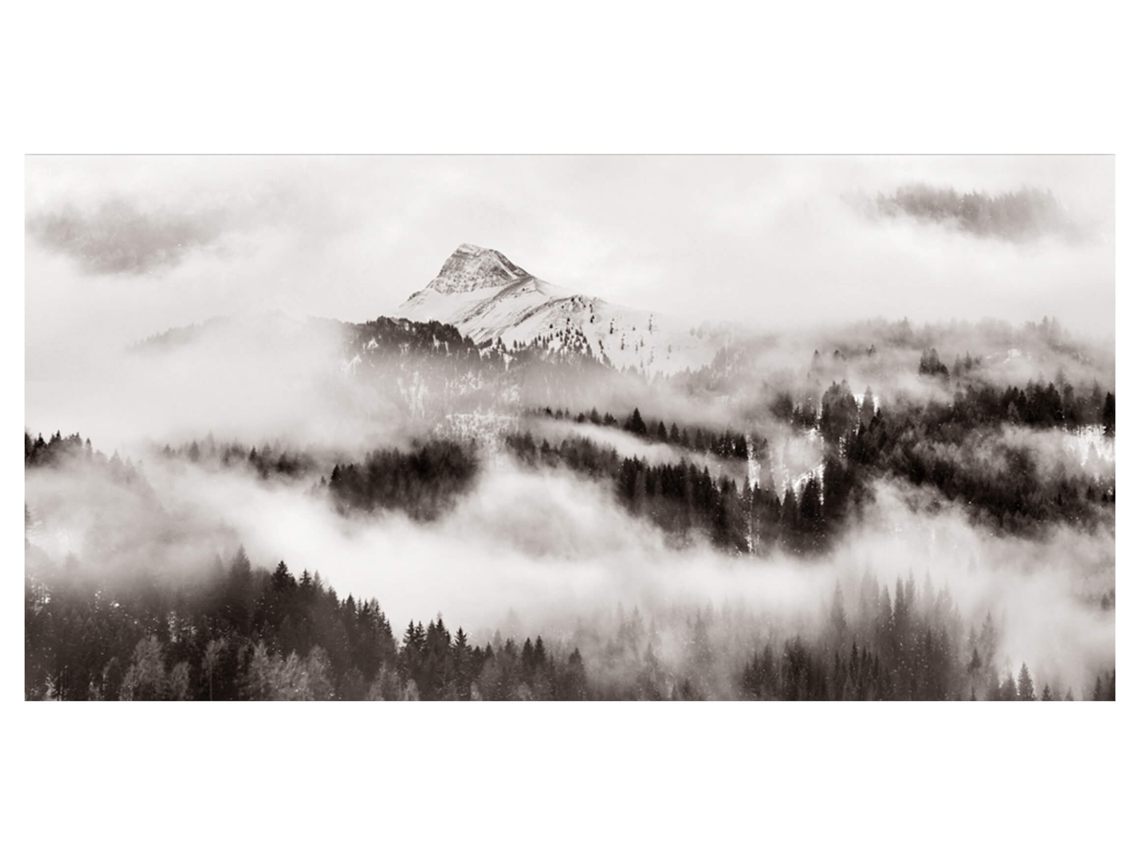 Digitaldruck auf Glas Gipfel im Wolkennebel image LAND / Grösse: 140 x 70 cm