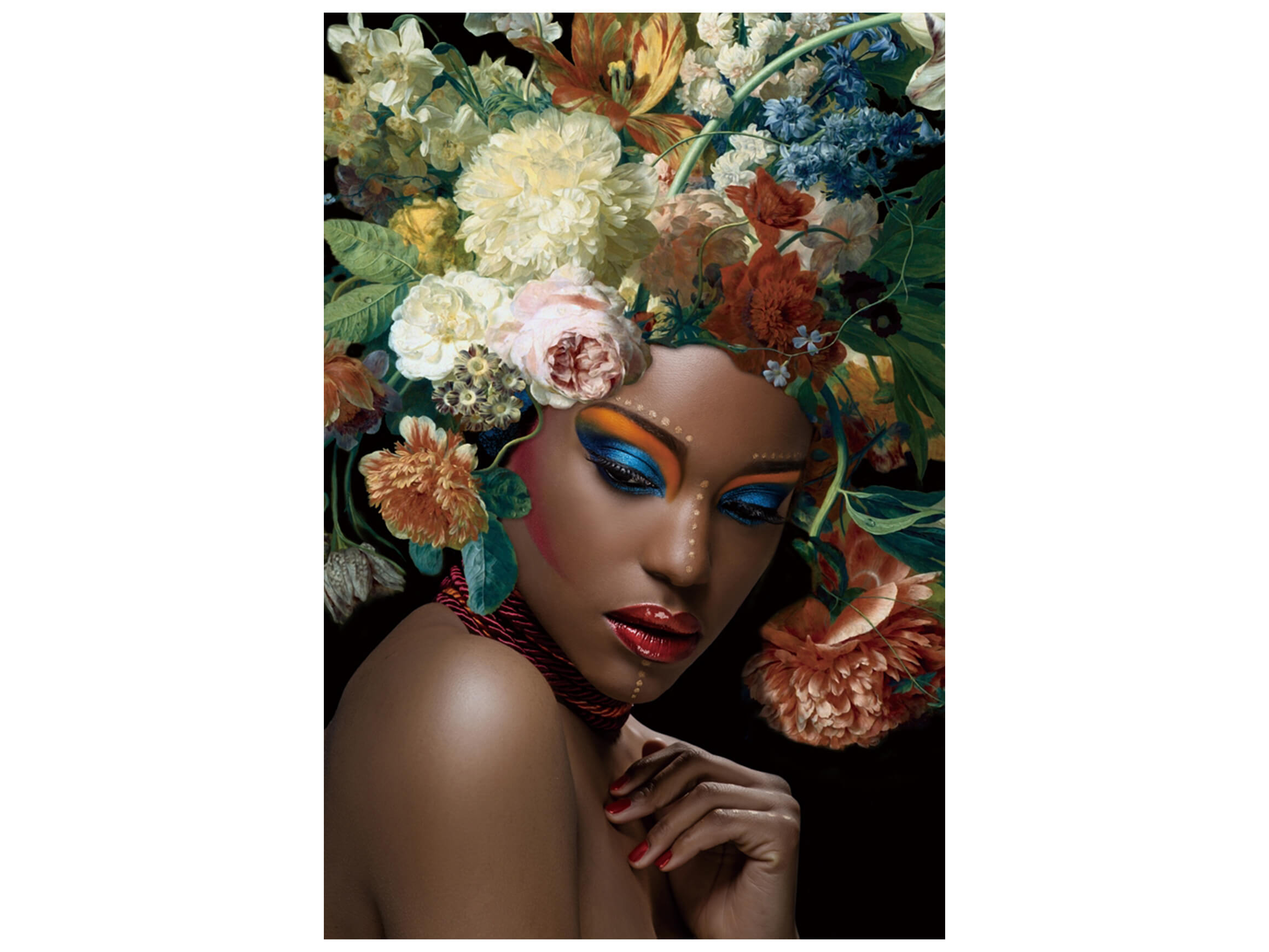 Digitaldruck auf Glas Schwarze Schönheit mit Blumen Auf Dem Kopf 2 image LAND