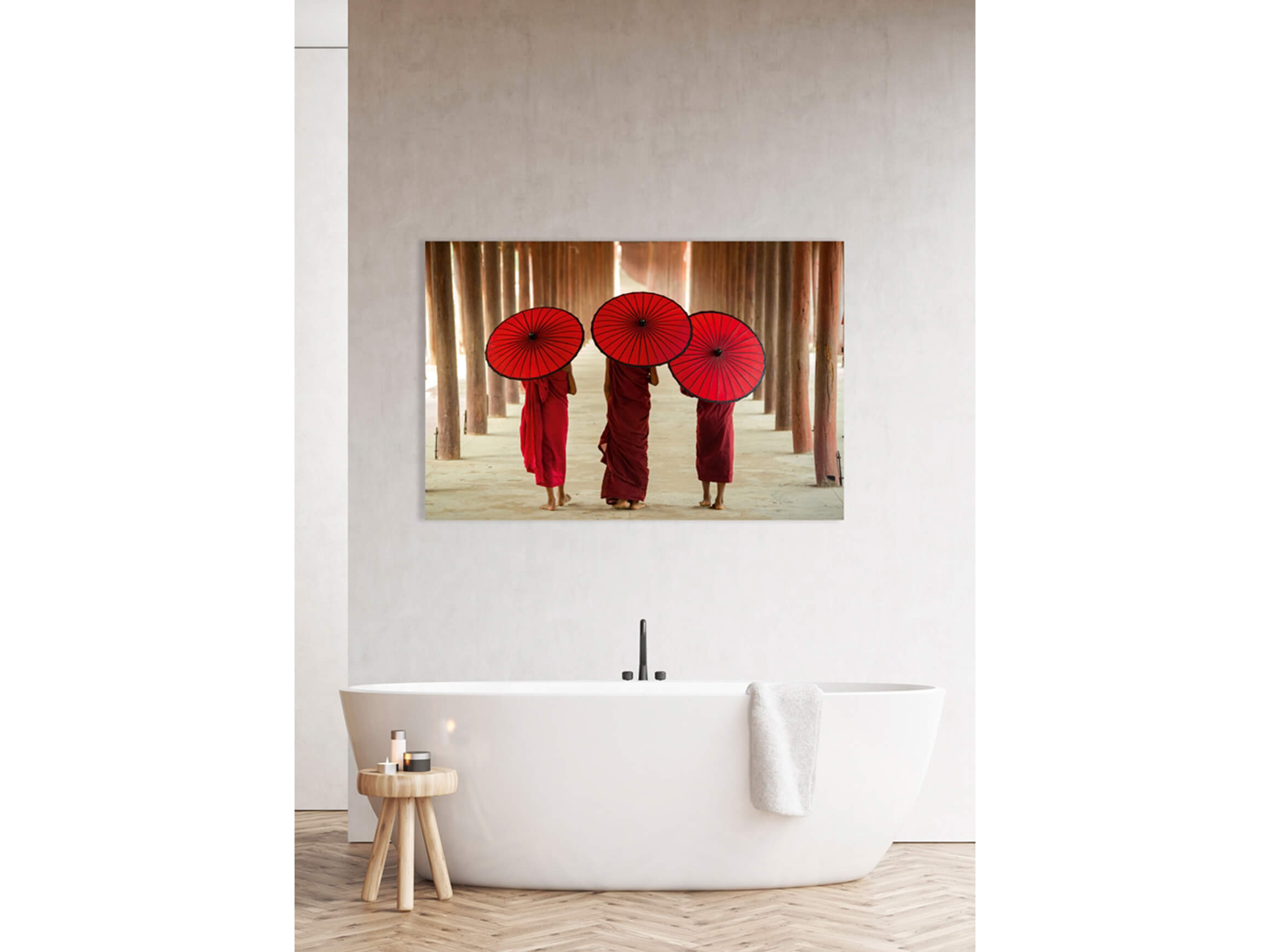 Digitaldruck auf Acrylglas Mönche mit Schirmen image LAND / Grösse: 120 x 80 cm