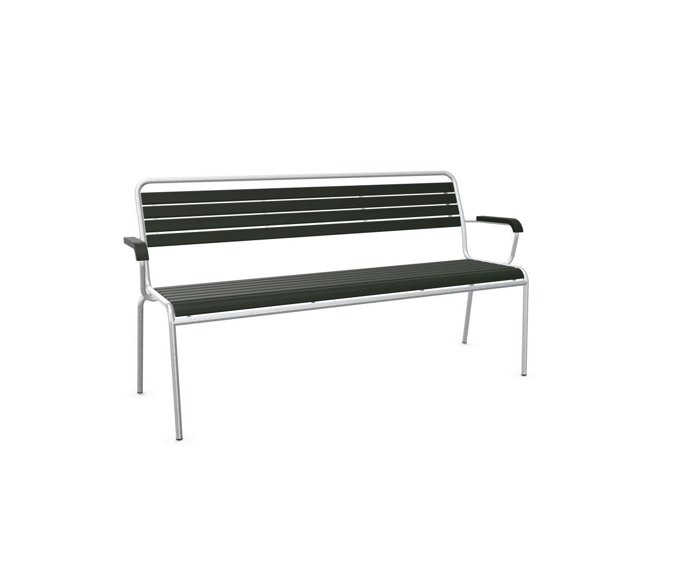 Banc en lattes de bois Rigi avec accoudoirs galvanisé à chaud de Schaffner / Couleur : vert sapin / Dimensions : 166 x 61 cm