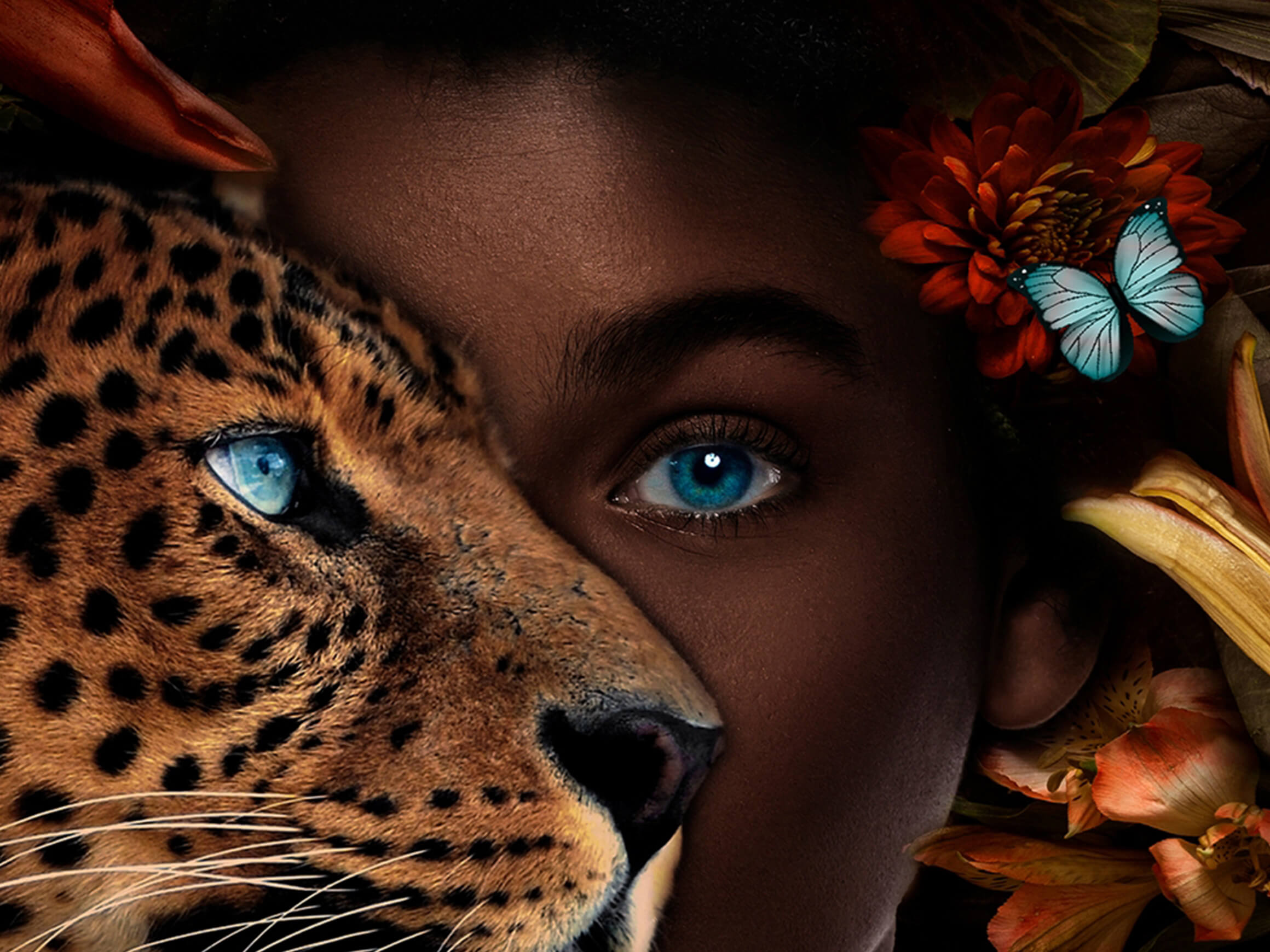 Digitaldruck auf Glas Mysteriöse Blaue Augen Einer Frau und Leopard image LAND