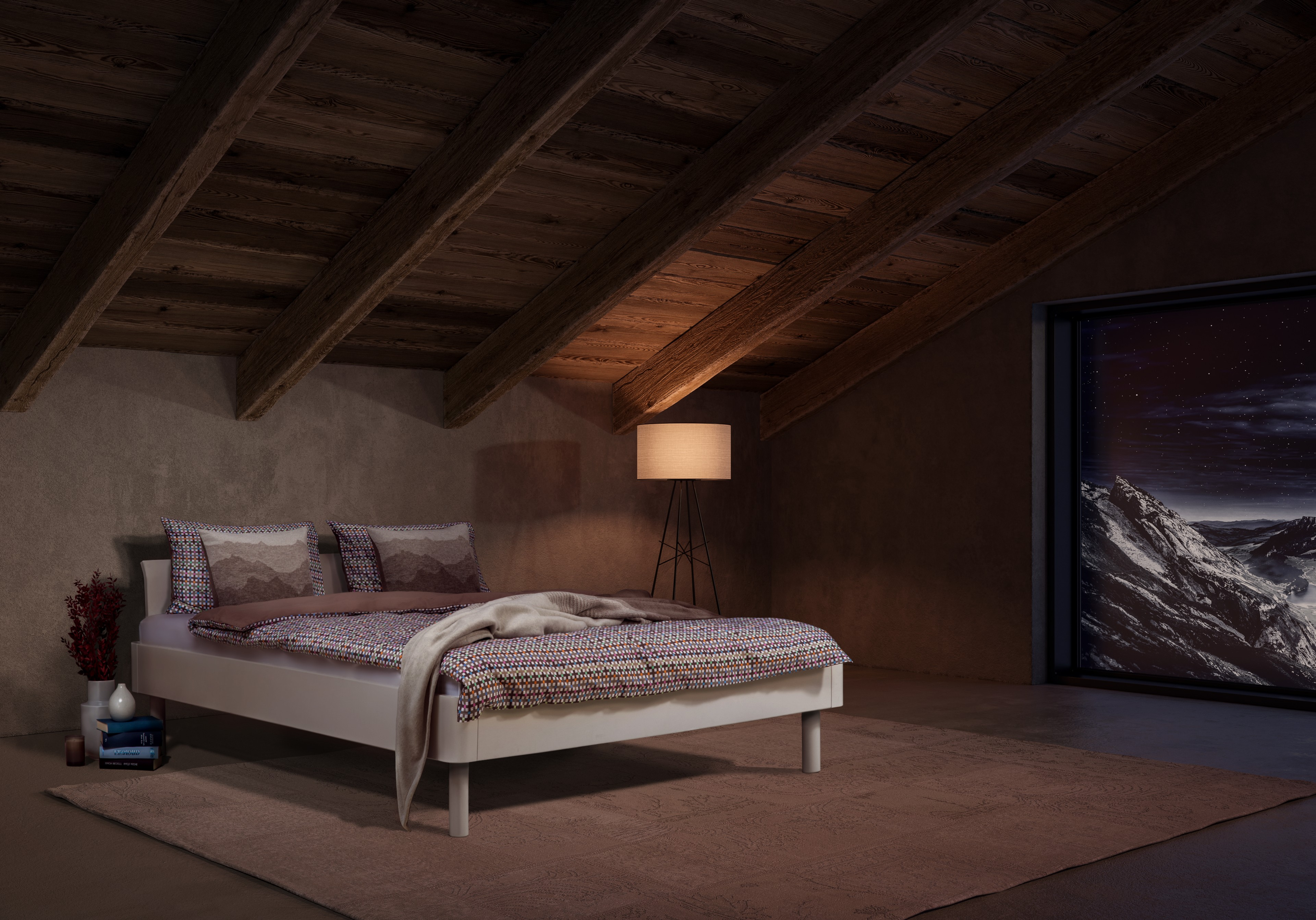 Bett Lenco, Buche Furniert Naturweiss, Holzfüsse, b 95