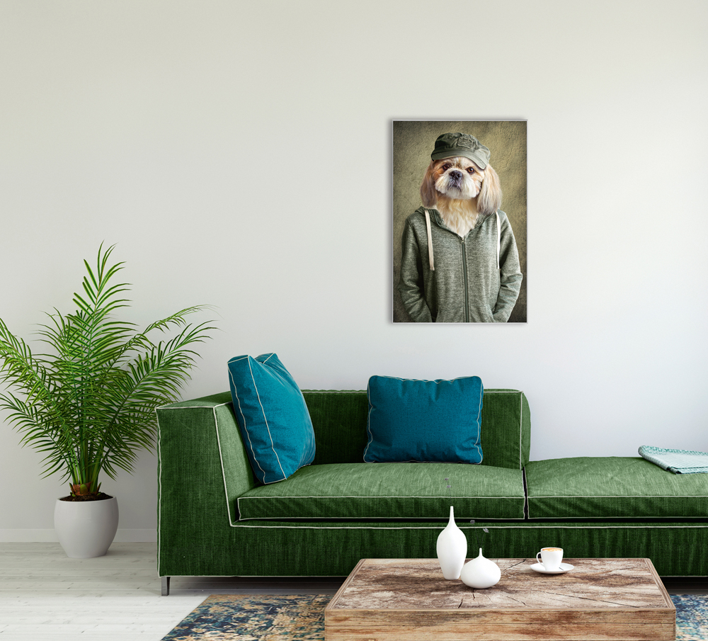 Bild mit Rahmen-Witziger Hund mit Jacke-image LAND
