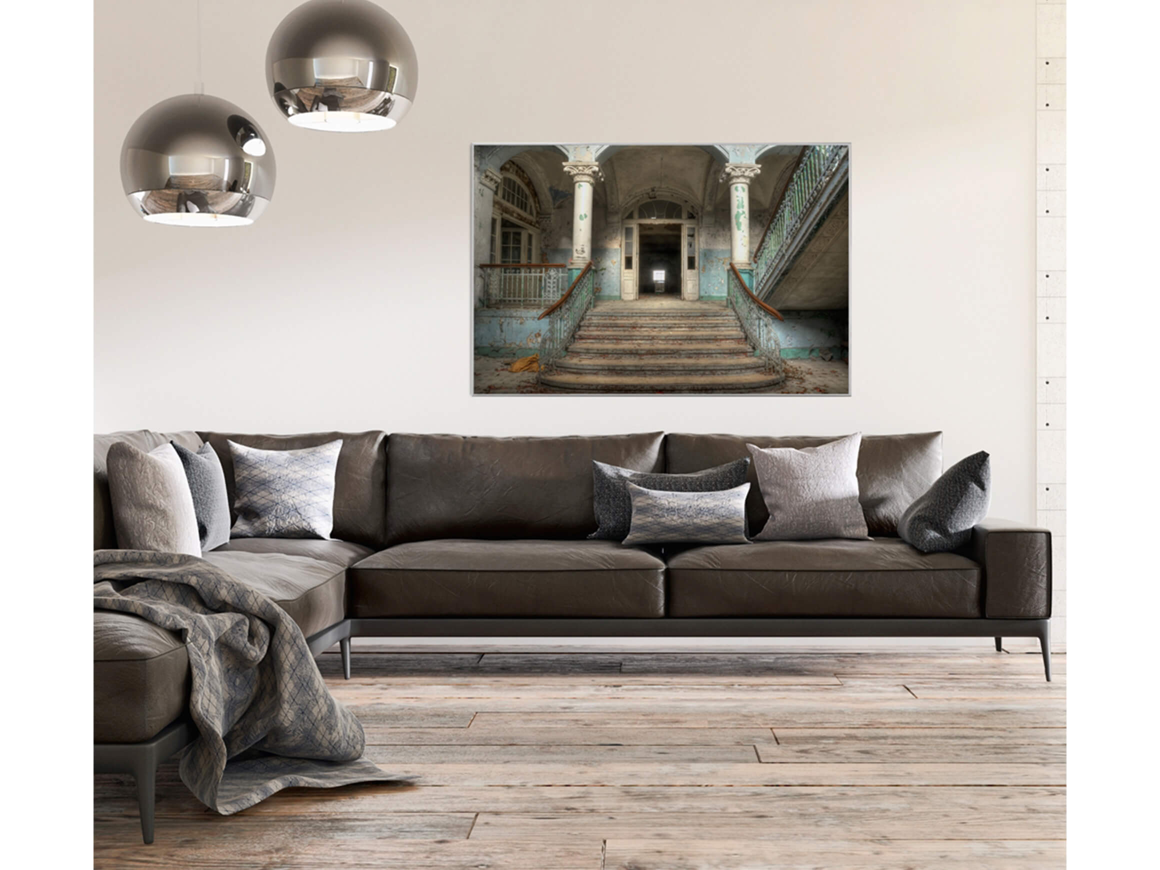 Digitaldruck auf Acrylglas Lost Place Treppe 1 image LAND / Grösse: 150 x 100 cm