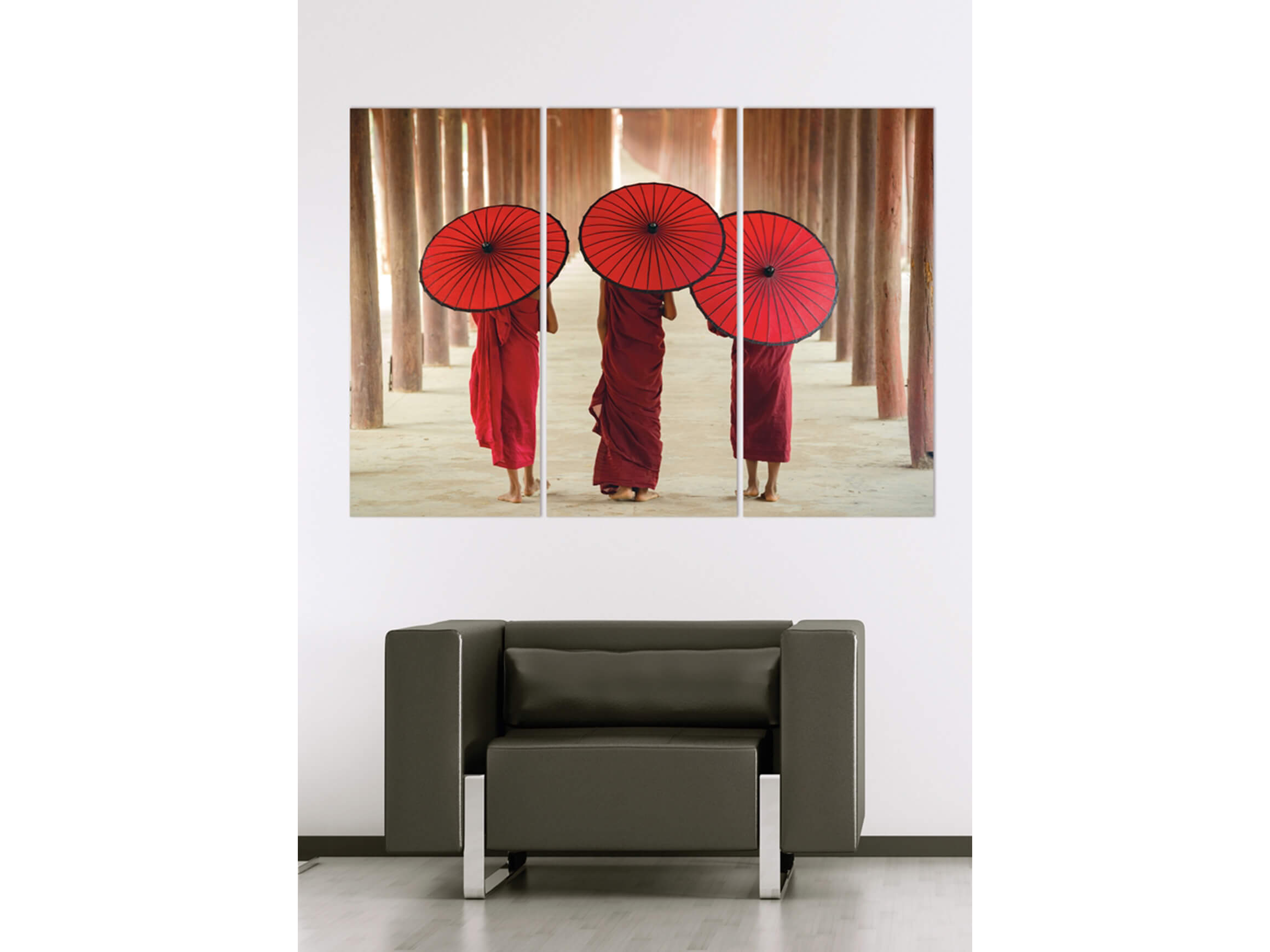 Digitaldruck auf Acrylglas Mönche mit Schirmen image LAND / Grösse: 198 x 140 cm