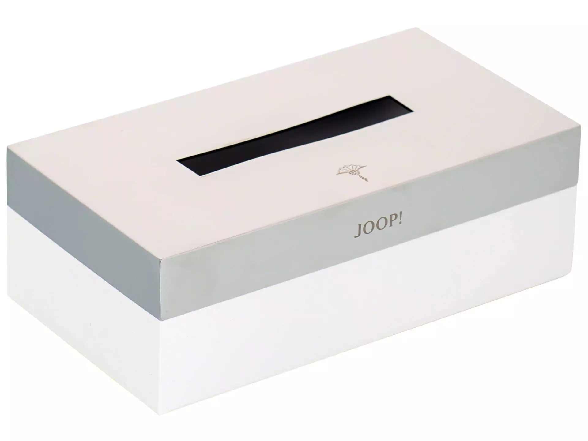 Kleenexbox Joop!, Chrom, Lack Weiss, b 23,6 cm h 8,5 cm t 12,5 cm