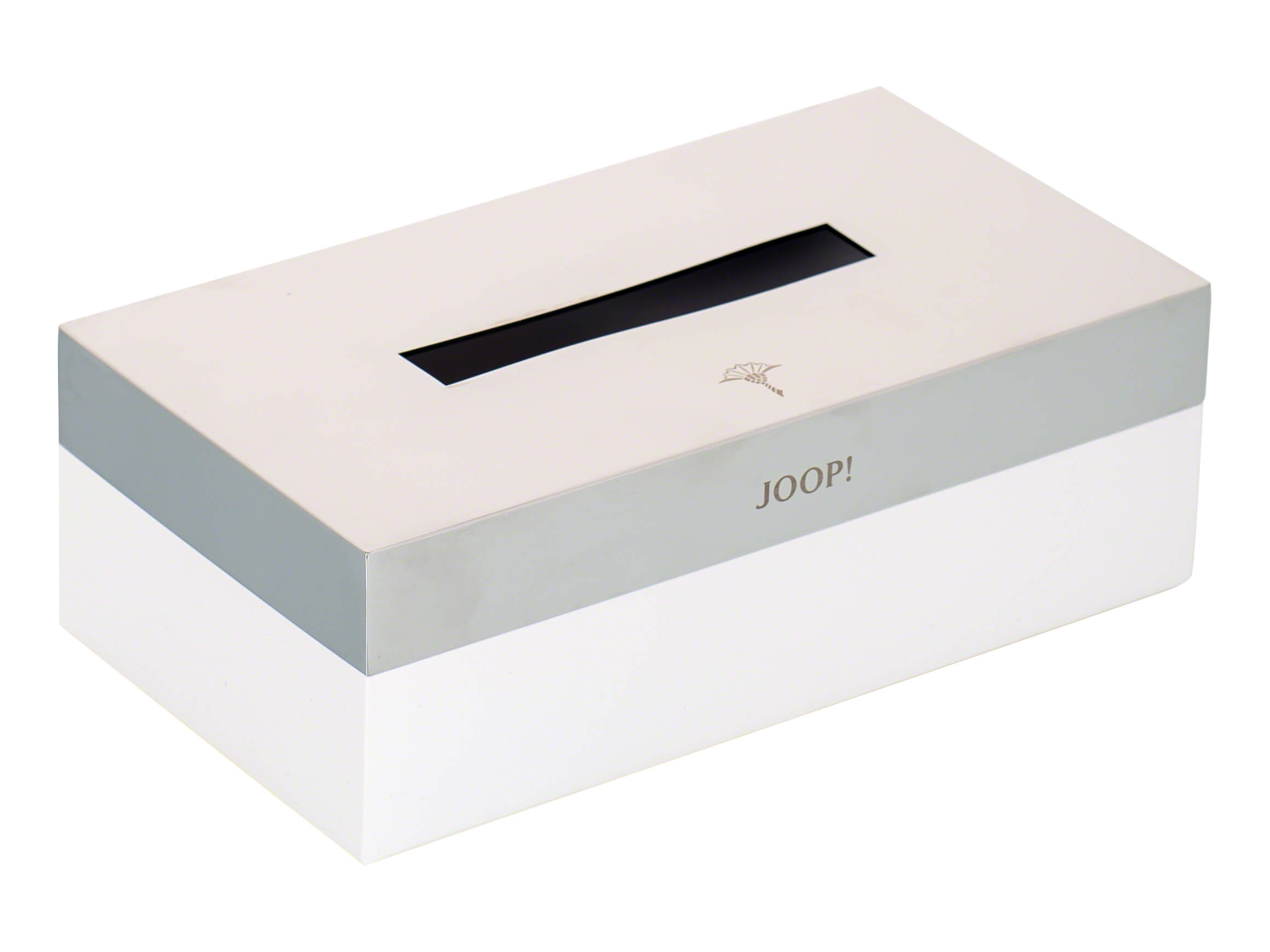 Kleenexbox Joop!, Chrom, Lack Weiss, b 23,6 cm h 8,5 cm t 12,5 cm