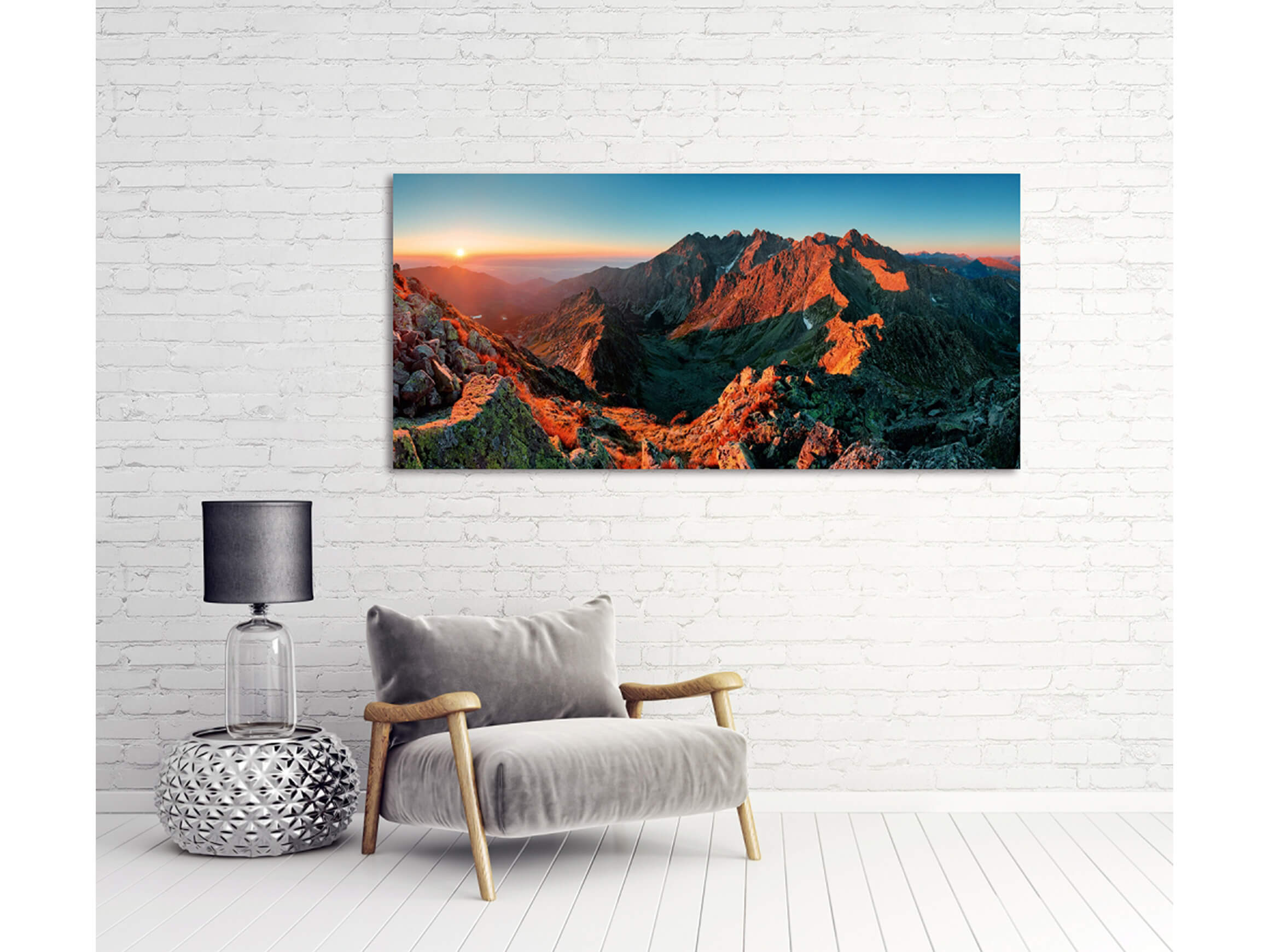 Digitaldruck auf Acrylglas Berge im Sonnenaufgang image LAND / Grösse: 140 x 66 cm