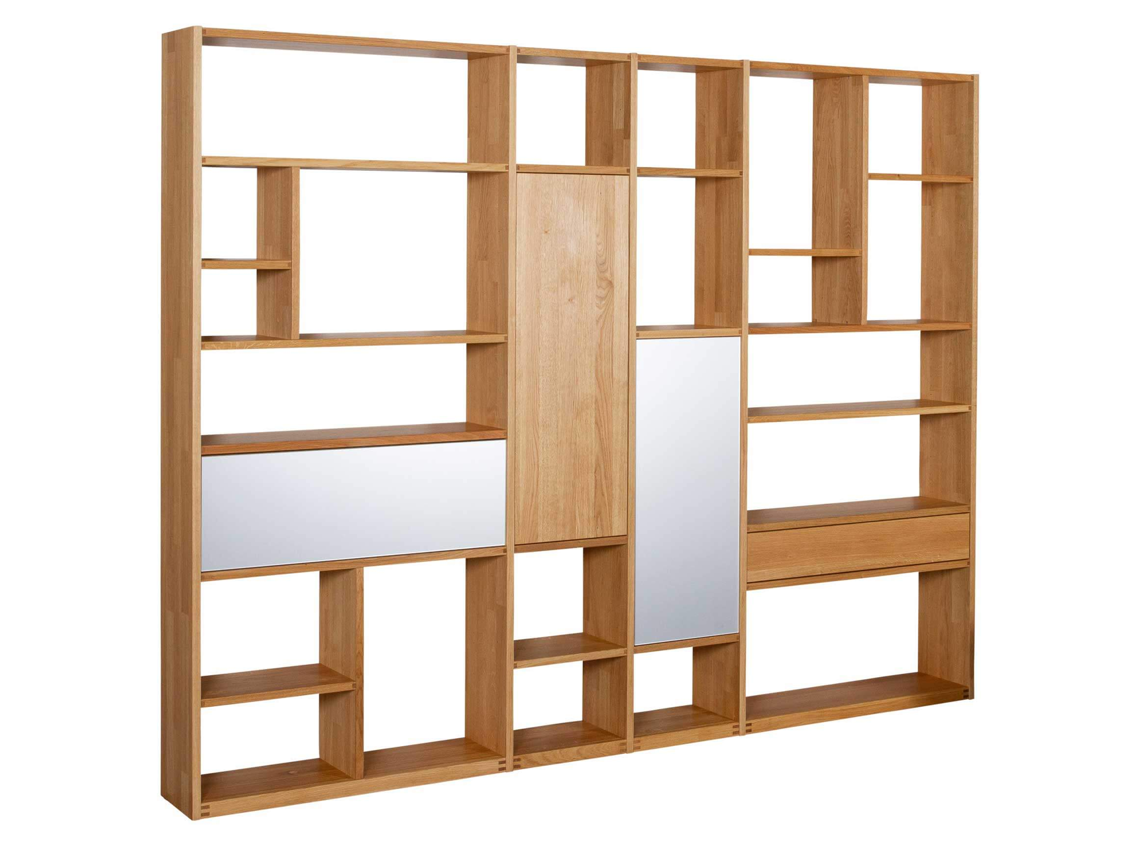 Cubus shelf, w 282.5 cm d 28.4 cm h 219.8 cm, oak, glass elements